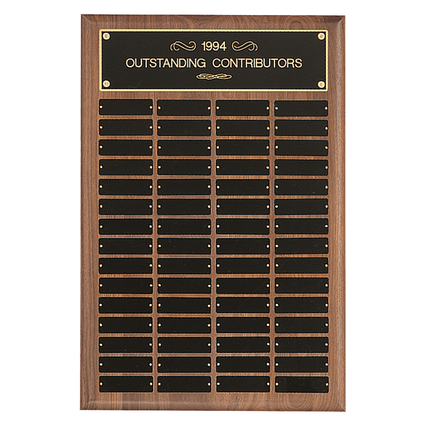 Walnut 60 Plate Perpetual Plaque with Black Brass 16" x 24"/Plates 1" x 3 1/4" American Plates