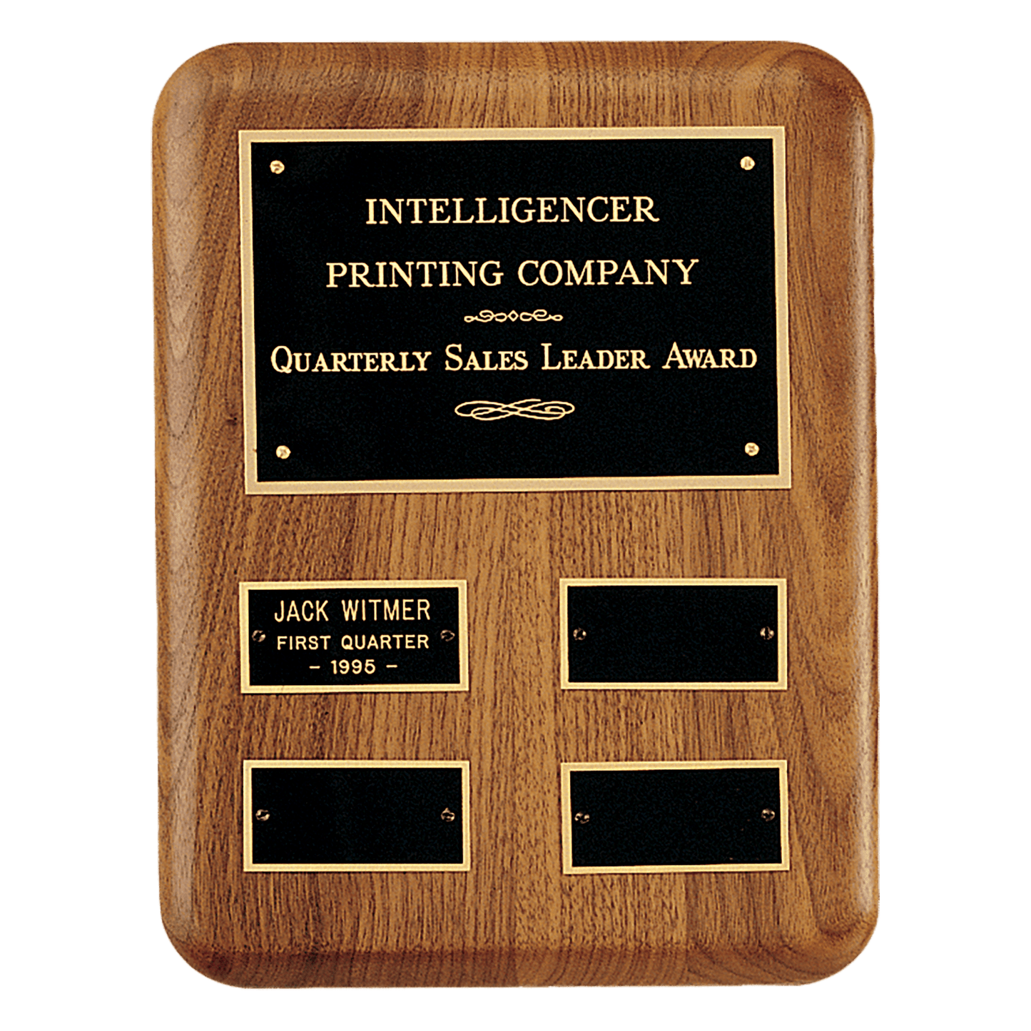8" x 10 1/2"/Plates 1 1/4" x 2 1/2" American Walnut AirFlyte Edge Quarterly Award Perpetual Plaque wth Black Brass Plates