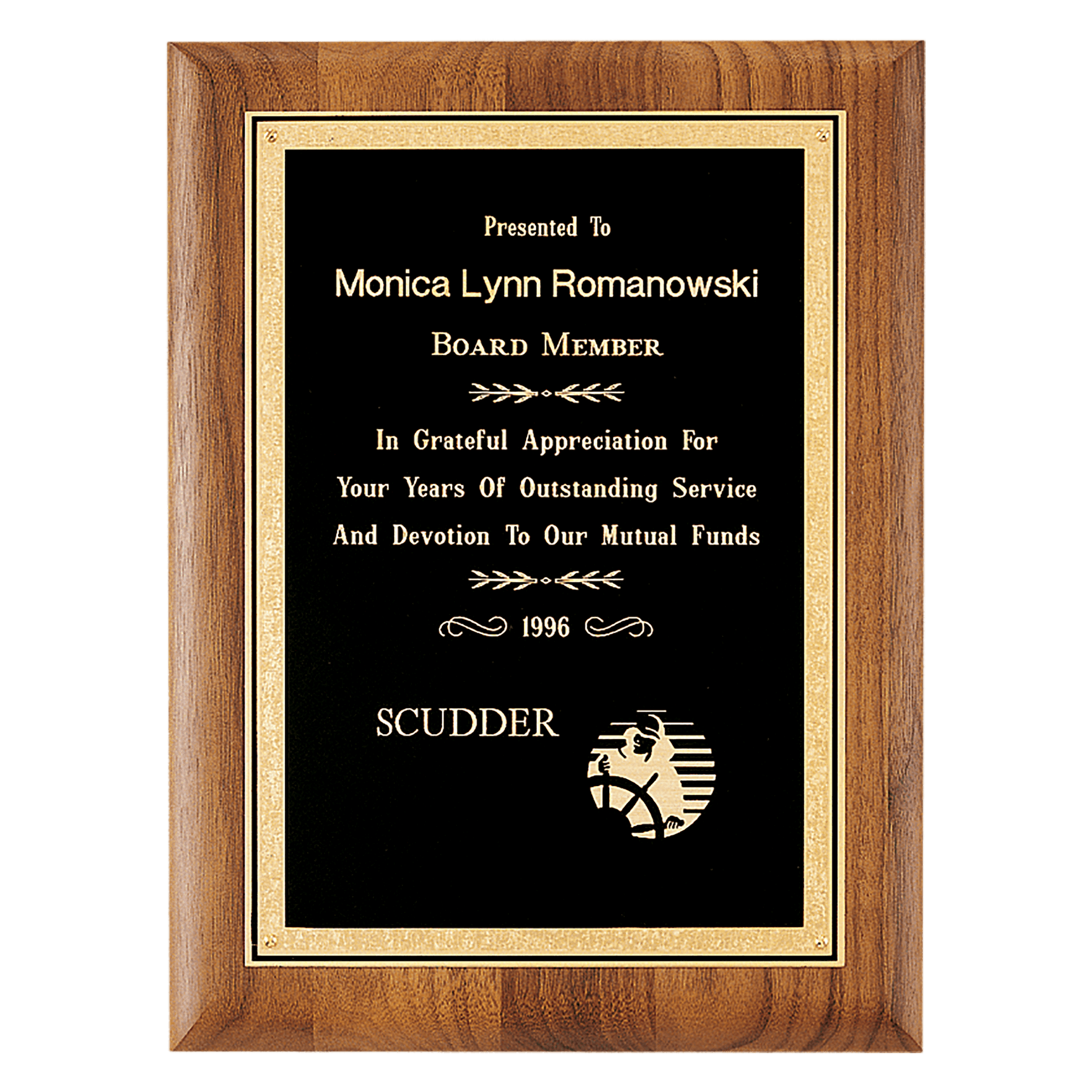 7" x 9" Coventry Series American Walnut Plaque with Gold Florentine Border Textured Black LaserFX Plate