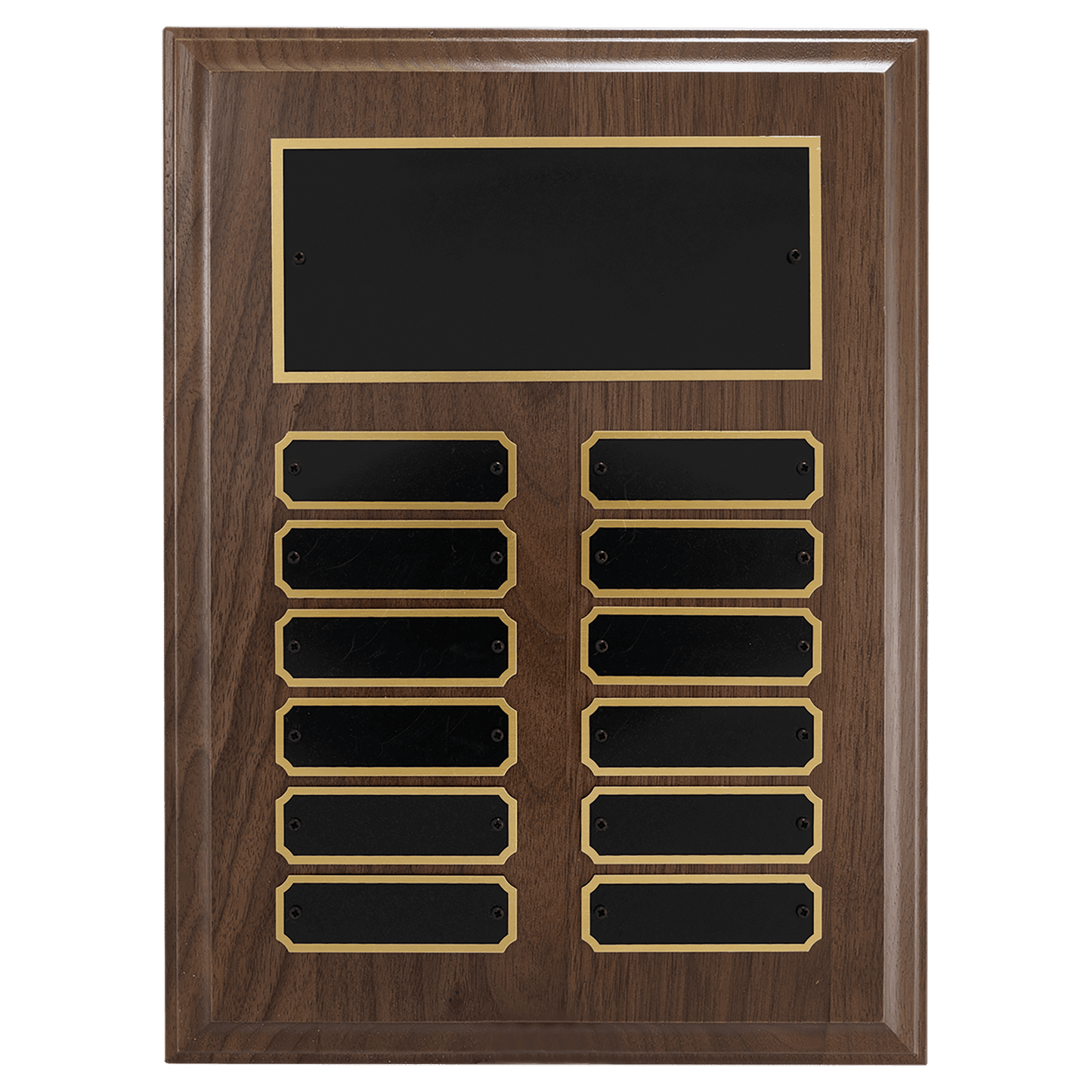 9" x 12"/Plates 7/8" x 2 3/4" Walnut Step-Edge 12 Plate Perpetual Plaque with Black Brass Plate