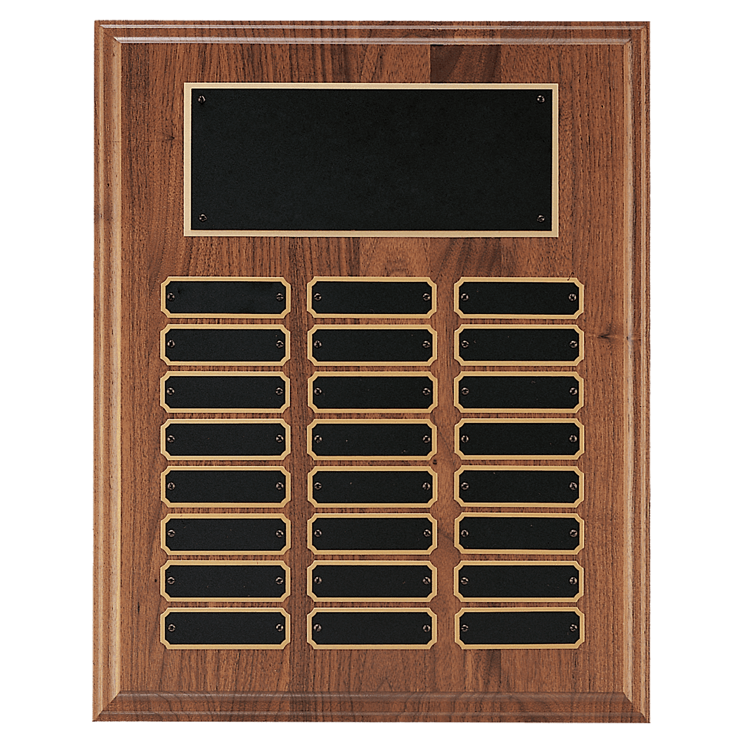 12" x 15" Walnut Step-Edge 24 Plate Perpetual Plaque with Black Brass Plate