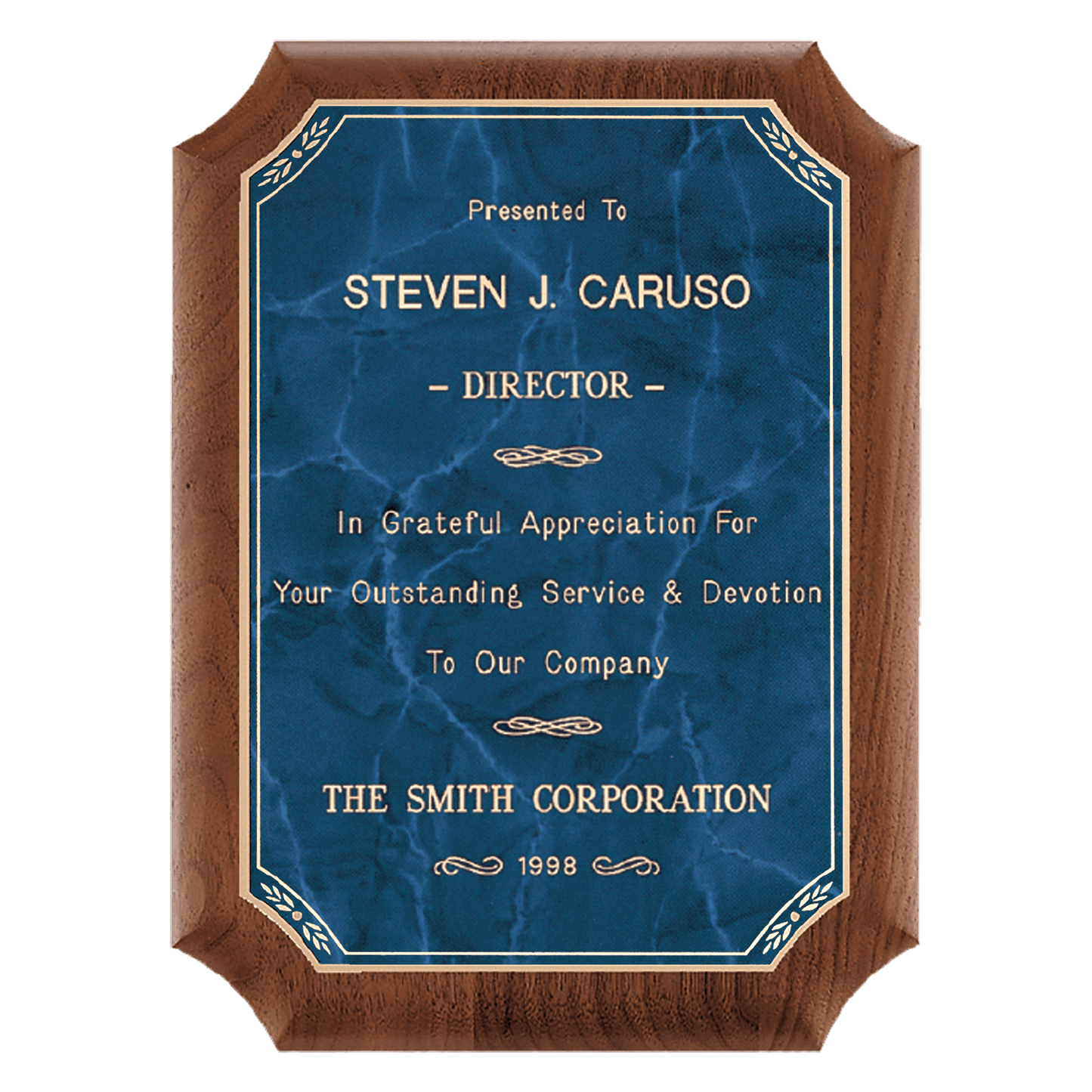 7" x 8" American Walnut Plaque with Gold Border Sapphire Marble LaserFX Plate
