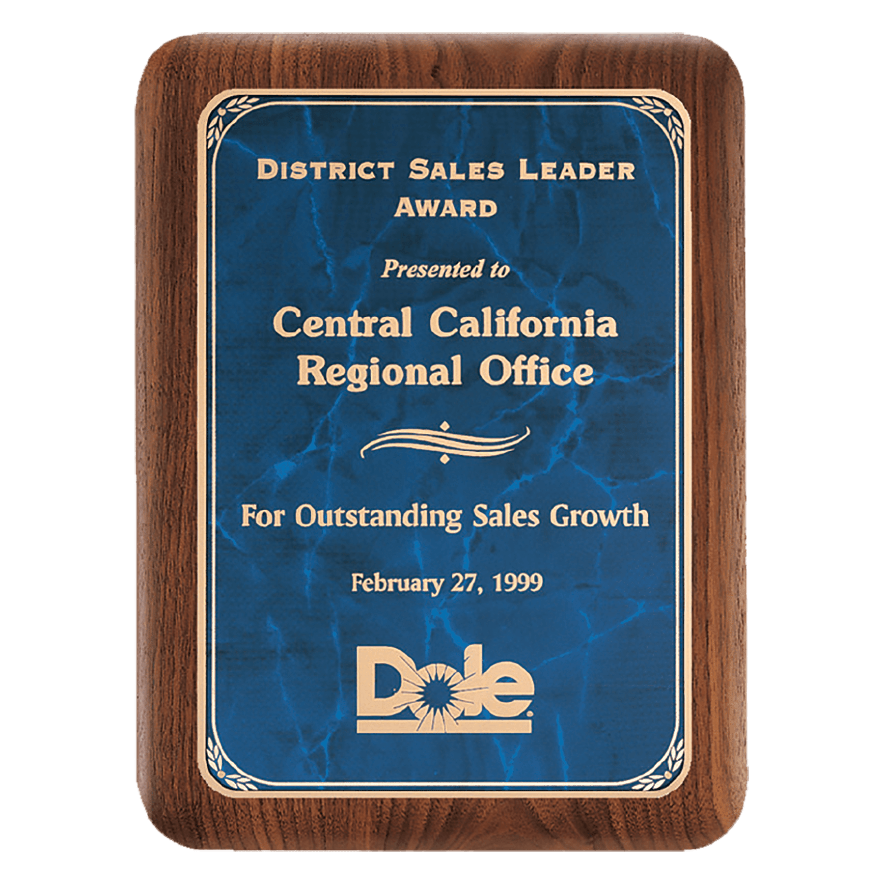 7" X 9" American Walnut Plaque with Gold Border Sapphire Marble LaserFX Plate