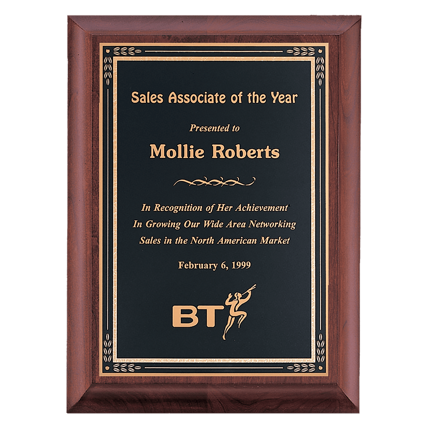 Cherry Finish Plaque with Black Gold 9" x 12" Hand Rubbed Florentine Border LaserFX Plate