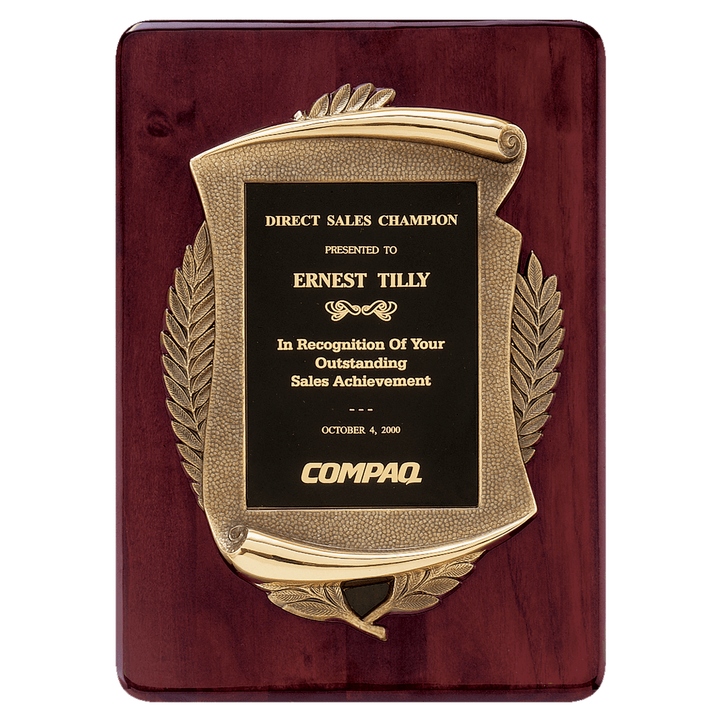 11" x 15" Rosewood Piano Finish Plaque w/Antique Bronze Scroll Frame and Black Brass Plate