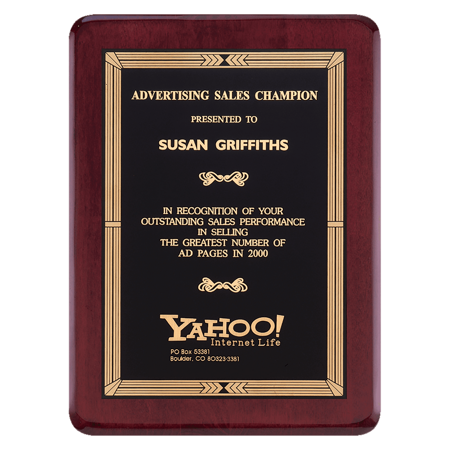 Rosewood Piano Finish Plaque with Gold Border Black Laserable Brass 2 9" x 12" Airflyte Premium Plate