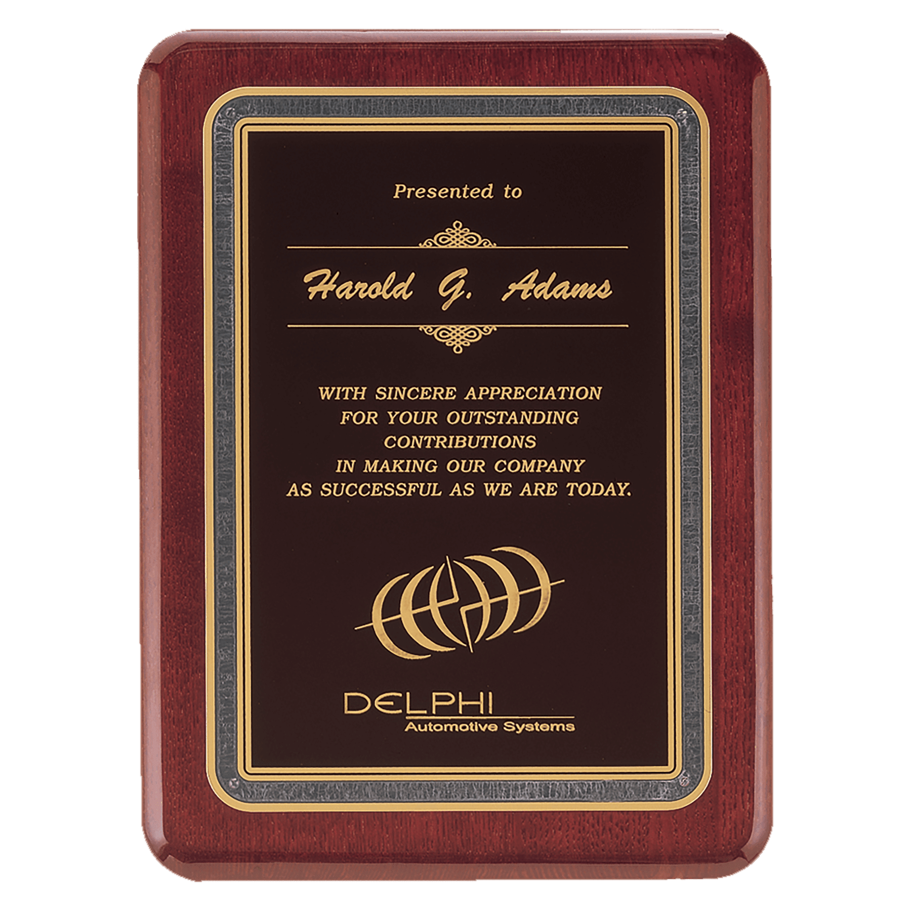 Rosewood Piano Finish Plaque with Black/Gold 7" x 9" Florentine Design LaserFX Plate