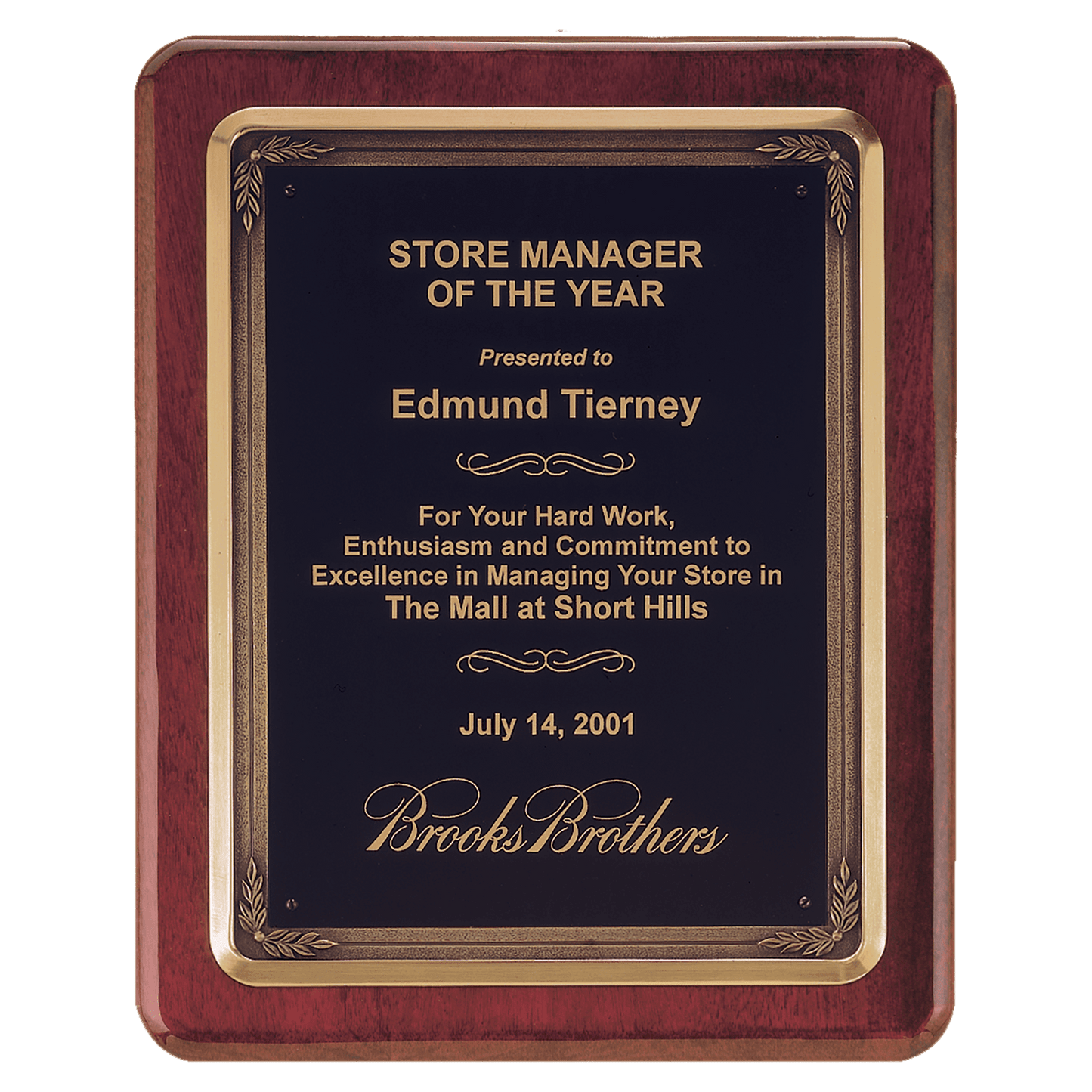 Rosewood Piano Finish Plaque w/Bronze Finish Cast Frame and Black Brass 10 1/2" x 13" Plate