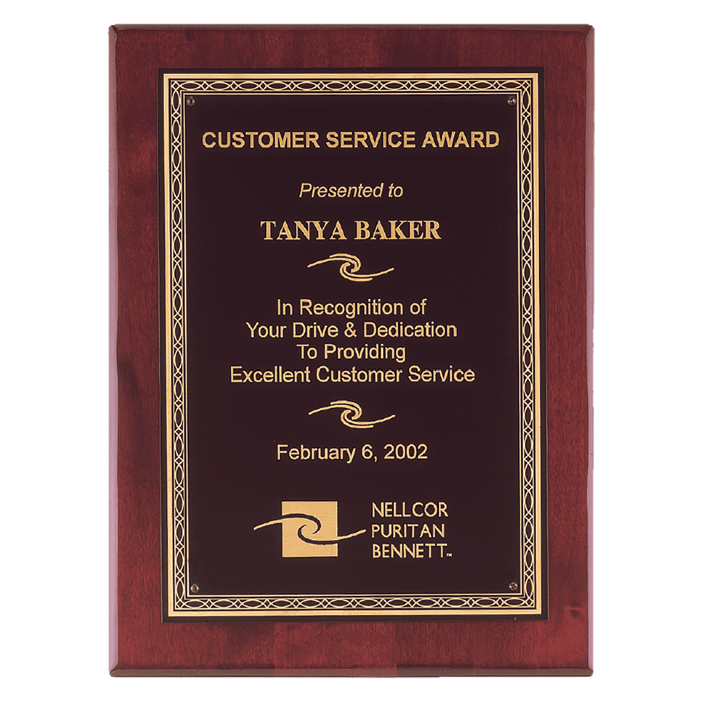 Rosewood Piano Finish Plaque with Gold Florentine Border Laserable Black Brass 9" x 12" Airflyte Premium Plate