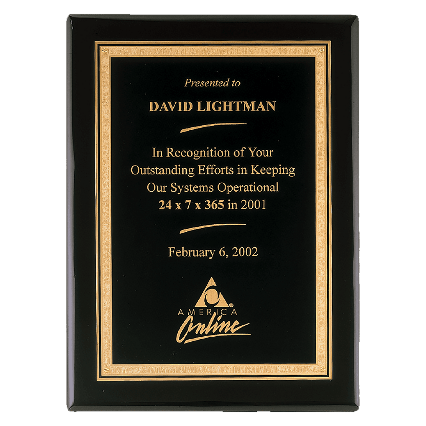 8" x 10" Airflyte Premium Black Piano Finish Plaque with Gold Florentine Border LaserFX Plate