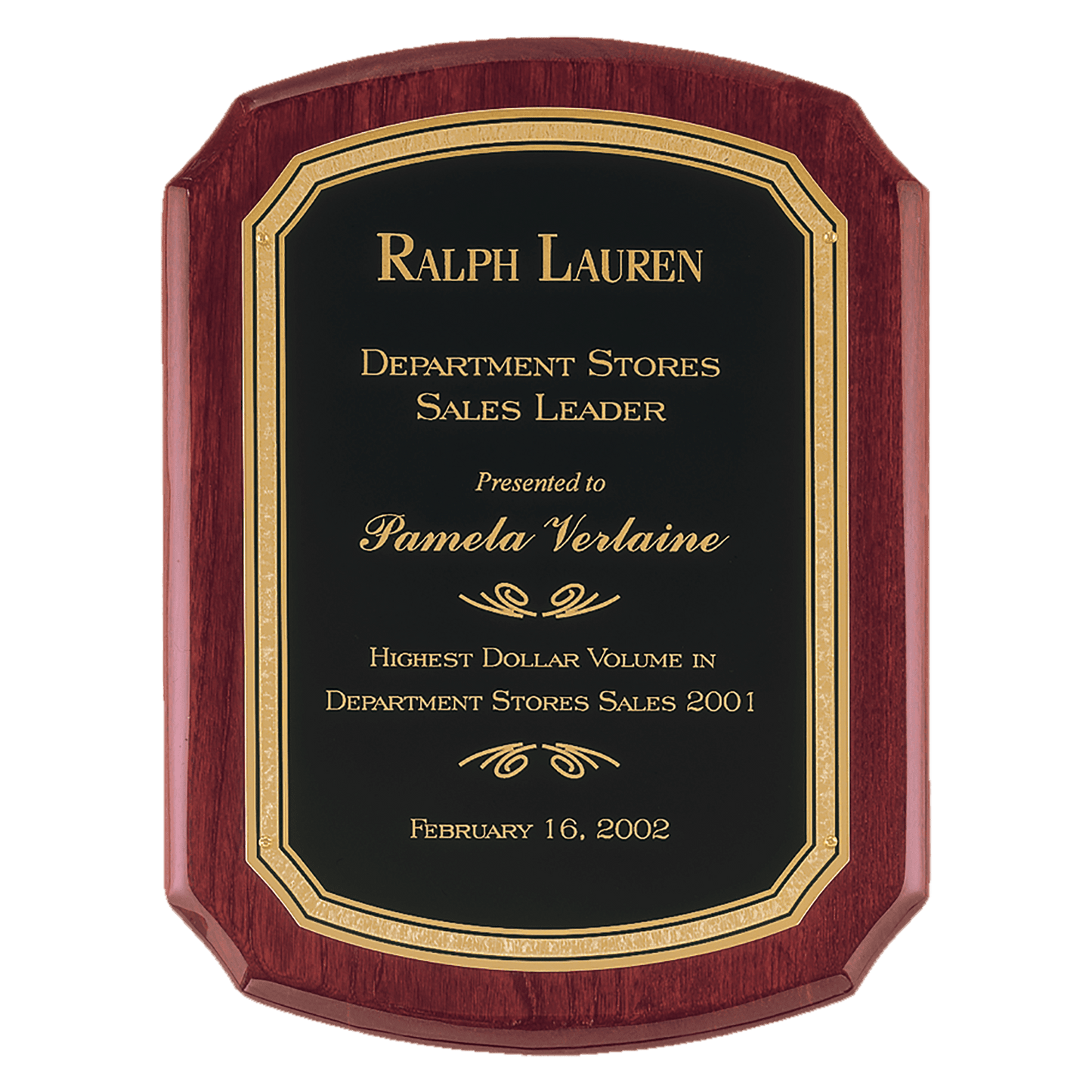 Rosewood Piano Finish Plaque with Black/Gold 9" x 12" Airflyte Florentine Border LaserFX Plate