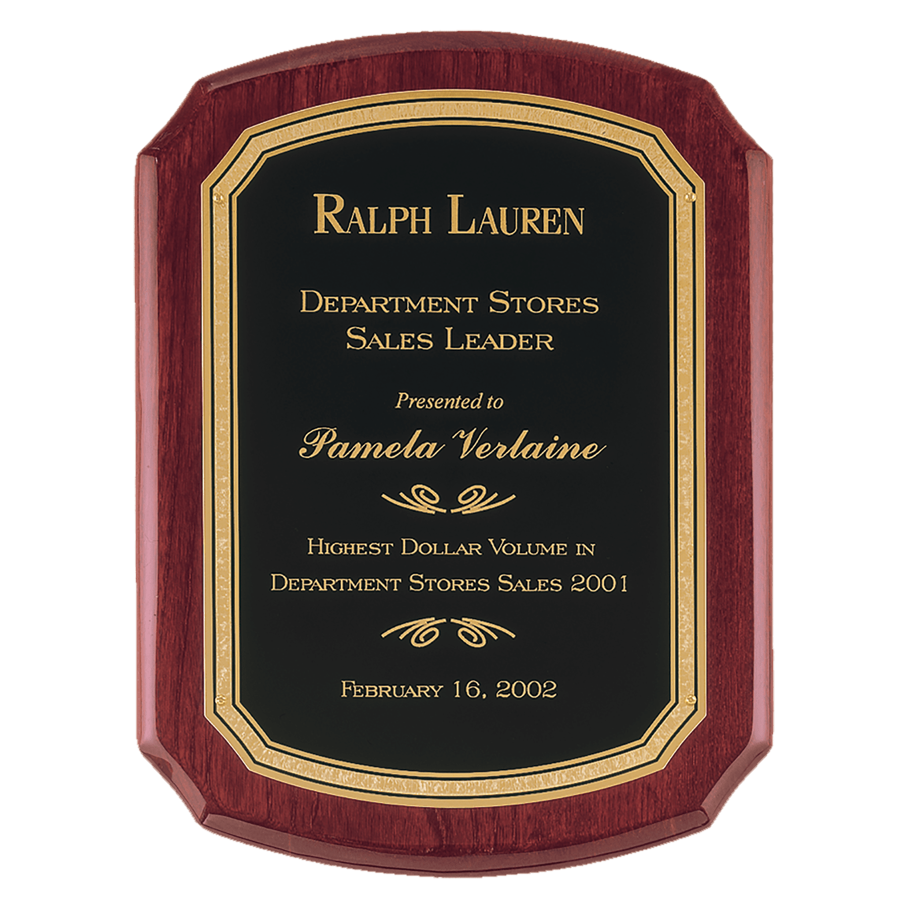 Rosewood Piano Finish Plaque with Black/Gold 9" x 12" Airflyte Florentine Border LaserFX Plate