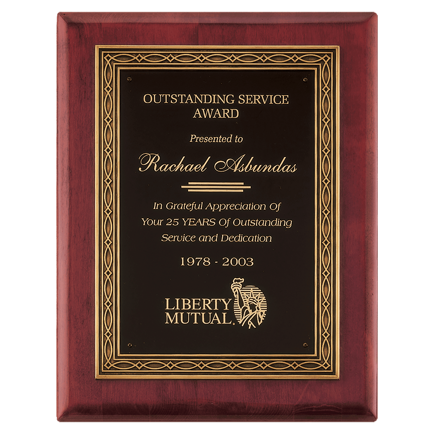 Rosewood Piano Finish Plaque w/Antique Bronze Cast Frame and Black Brass 11" x 14" Plate