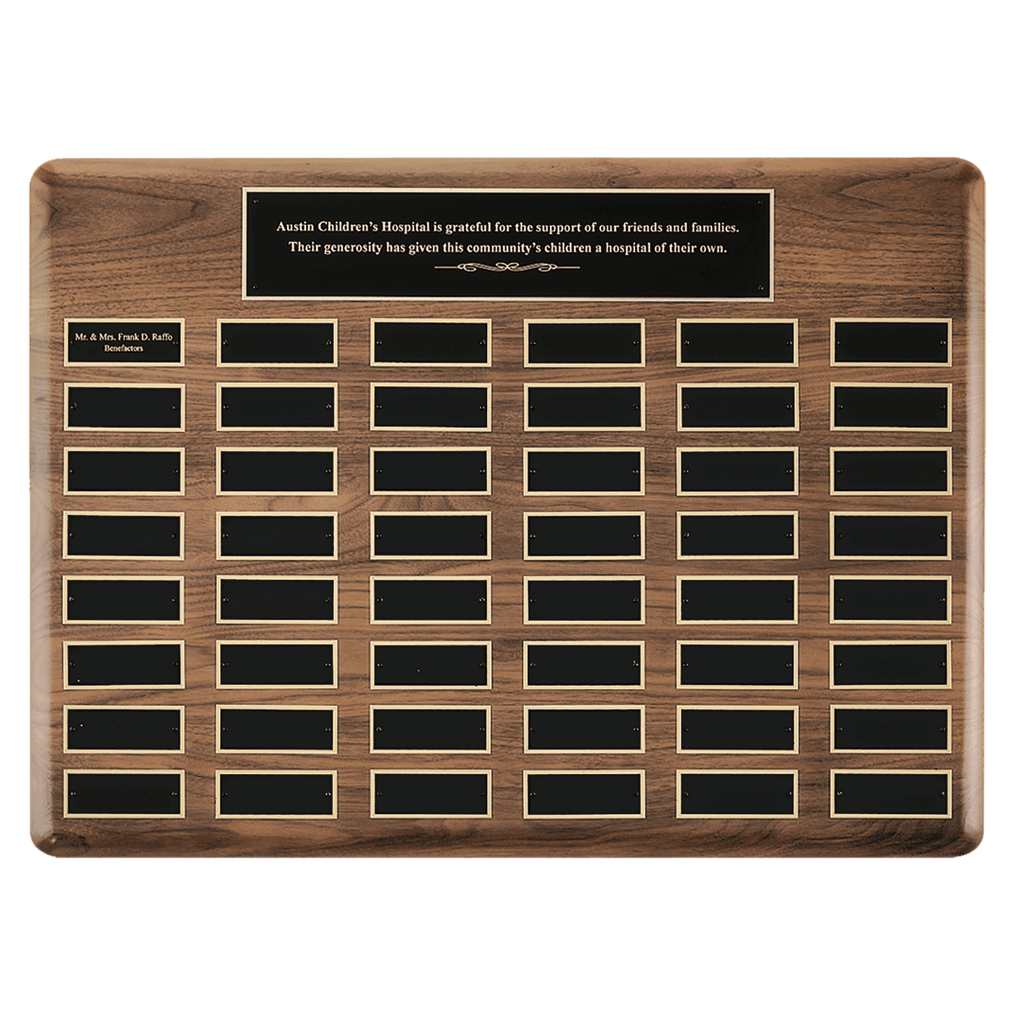 Walnut 36 Plate Perpetual Plaque with Black Brass 22" x 30"/Plates 1 1/2" x 3 3/4" American Plates