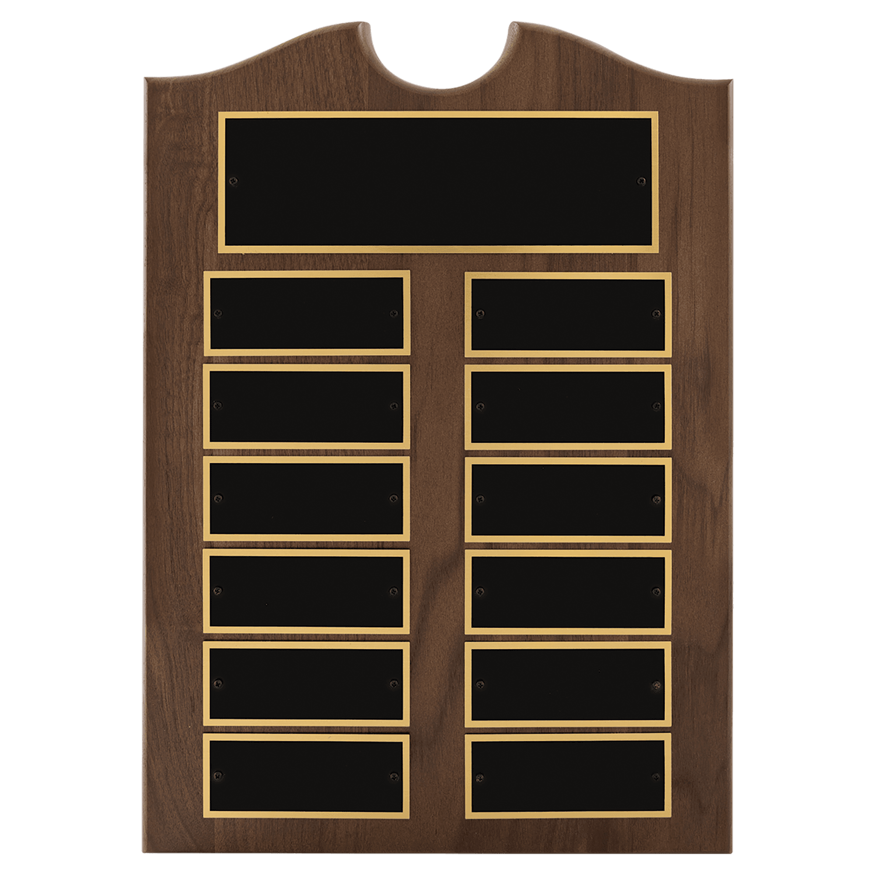 Walnut 12 Plate Perpetual Plaque with Black Brass 2 11" x 15"/Plates 1 1/2" x 3 3/4" American Plates