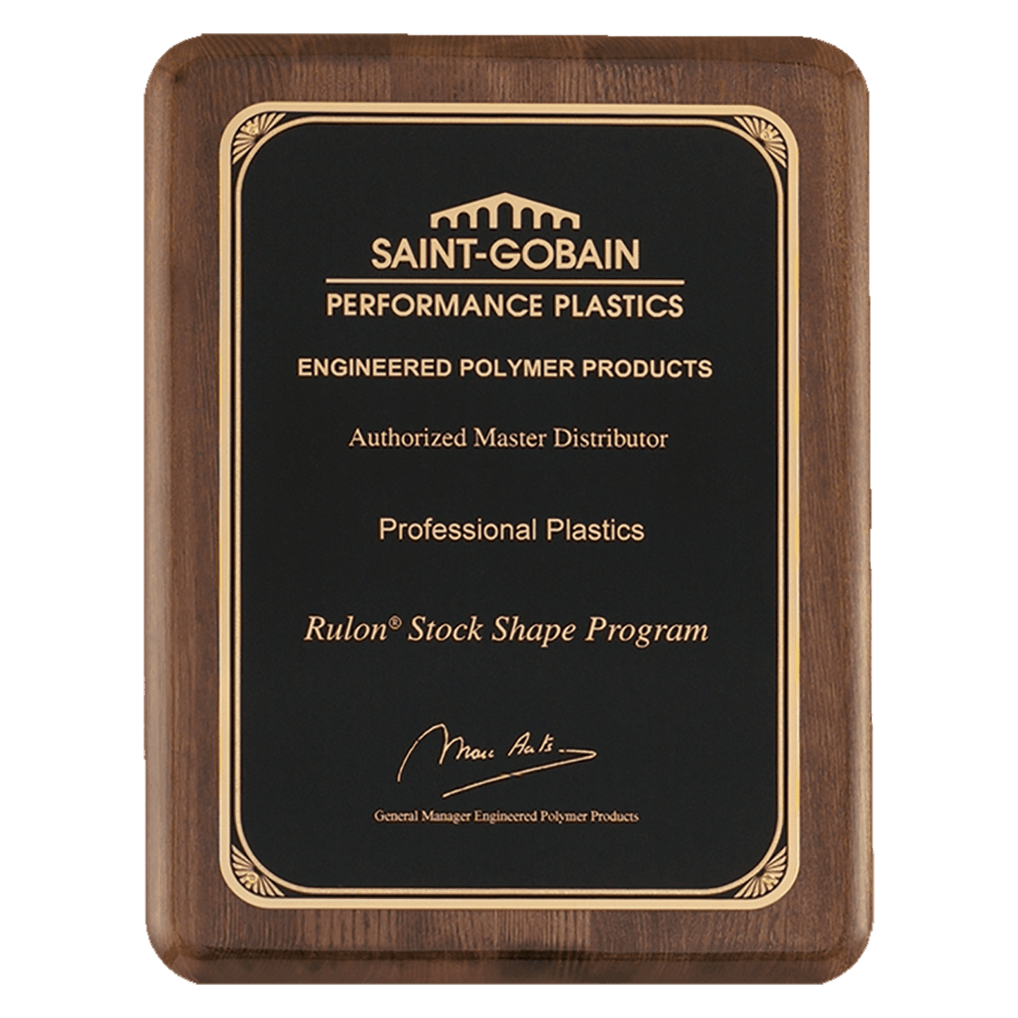 Walnut Piano Finish Plaque with Gold 9" x 12" Airflyte Premium Florentine Border LaserFX Plate