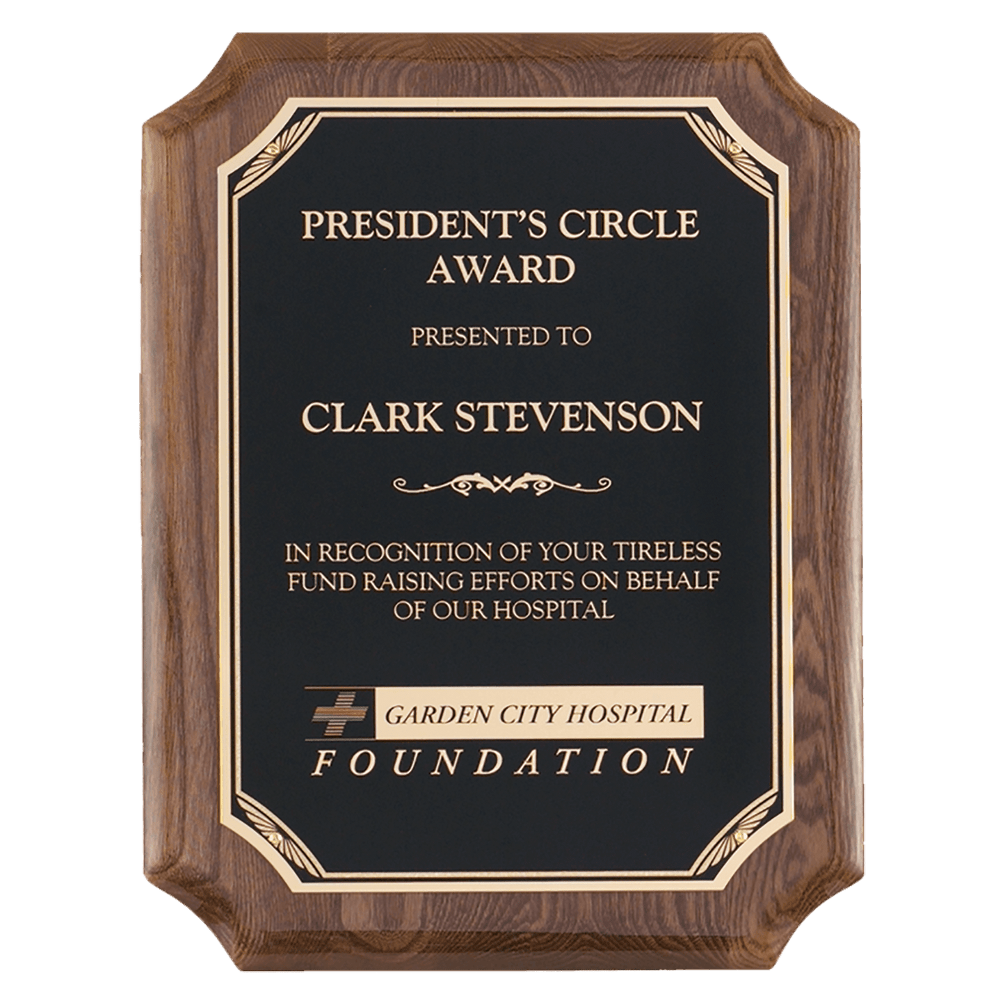 8" x 10" Airflyte Walnut Piano Finish Plaque with Gold Florentine Border Black LaserFX Plate