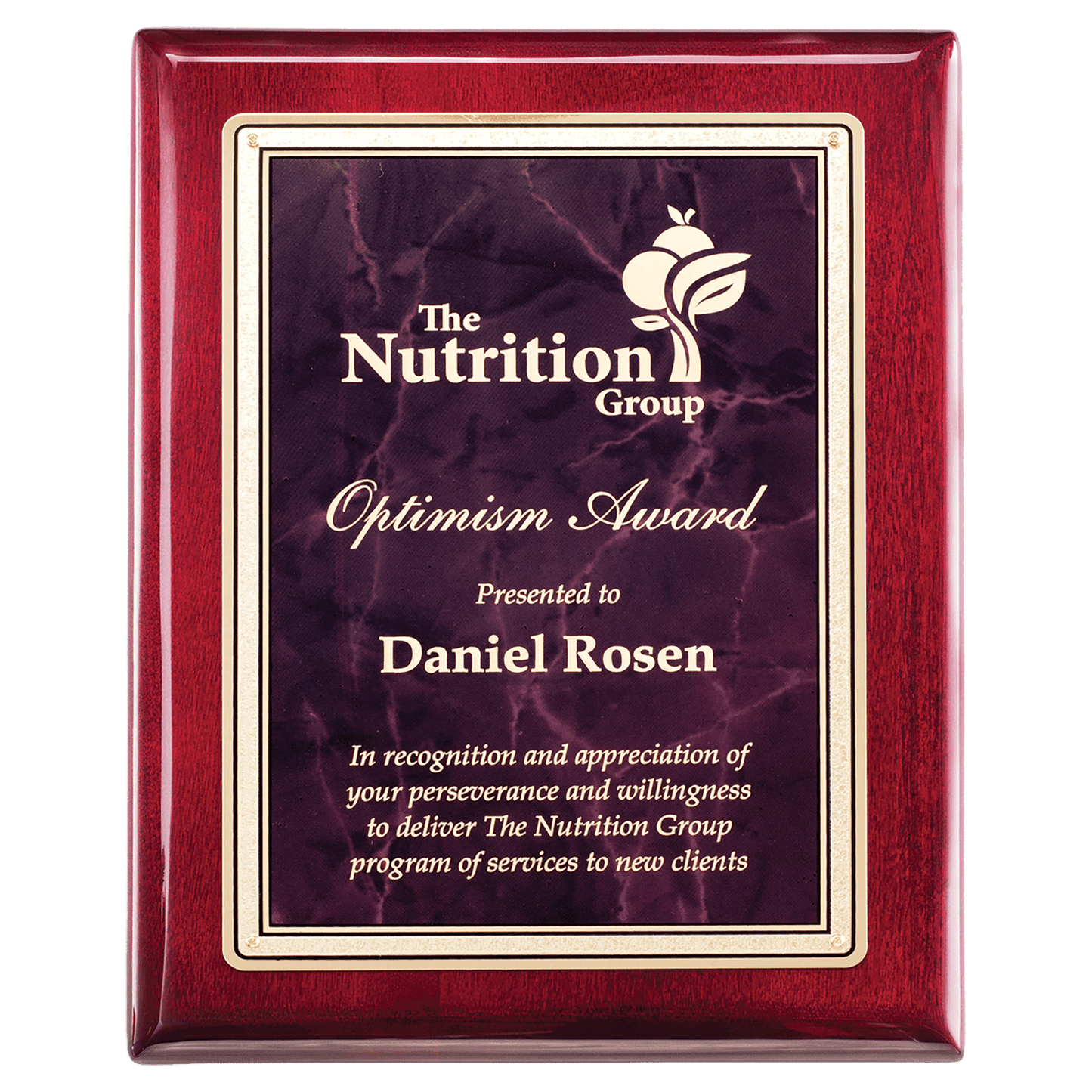 Rosewood Piano Finish Plaque with Ruby Marble/Gold 7" x 9" Florentine Design LaserFX Plate