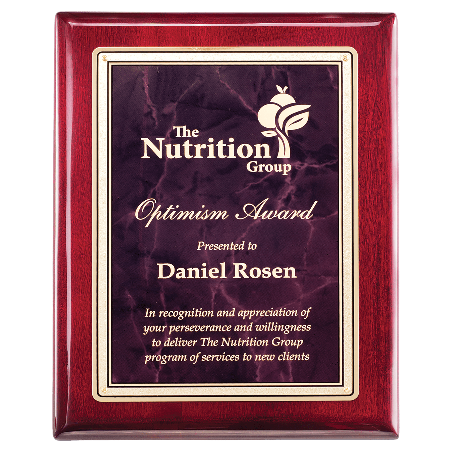 Rosewood Piano Finish Plaque with Ruby Marble/Gold 9" x 12" Florentine Design LaserFX Plate