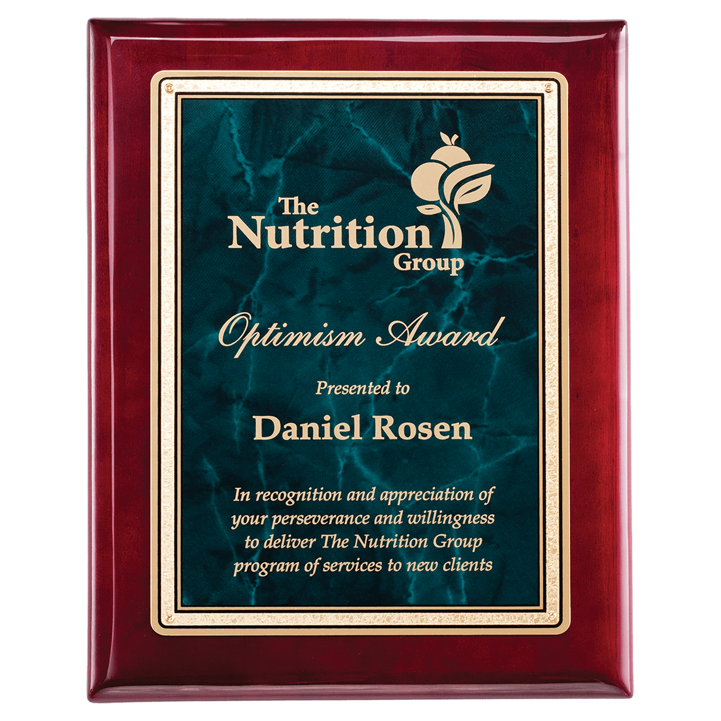 Rosewood Piano Finish Plaque with Emerald Marble/Gold 9" x 12" Florentine Design LaserFX Plate