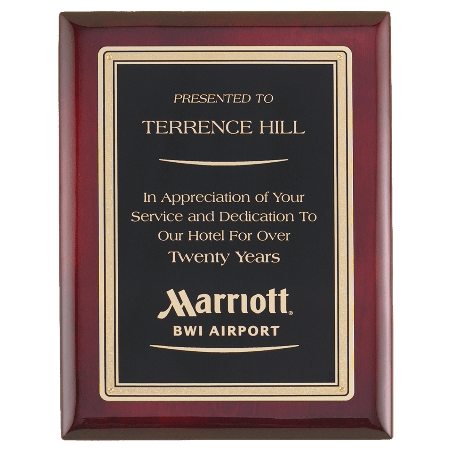 Rosewood Piano Finish Plaque with Gold Border Black 2 Airflyte Premium LaserFX Plate