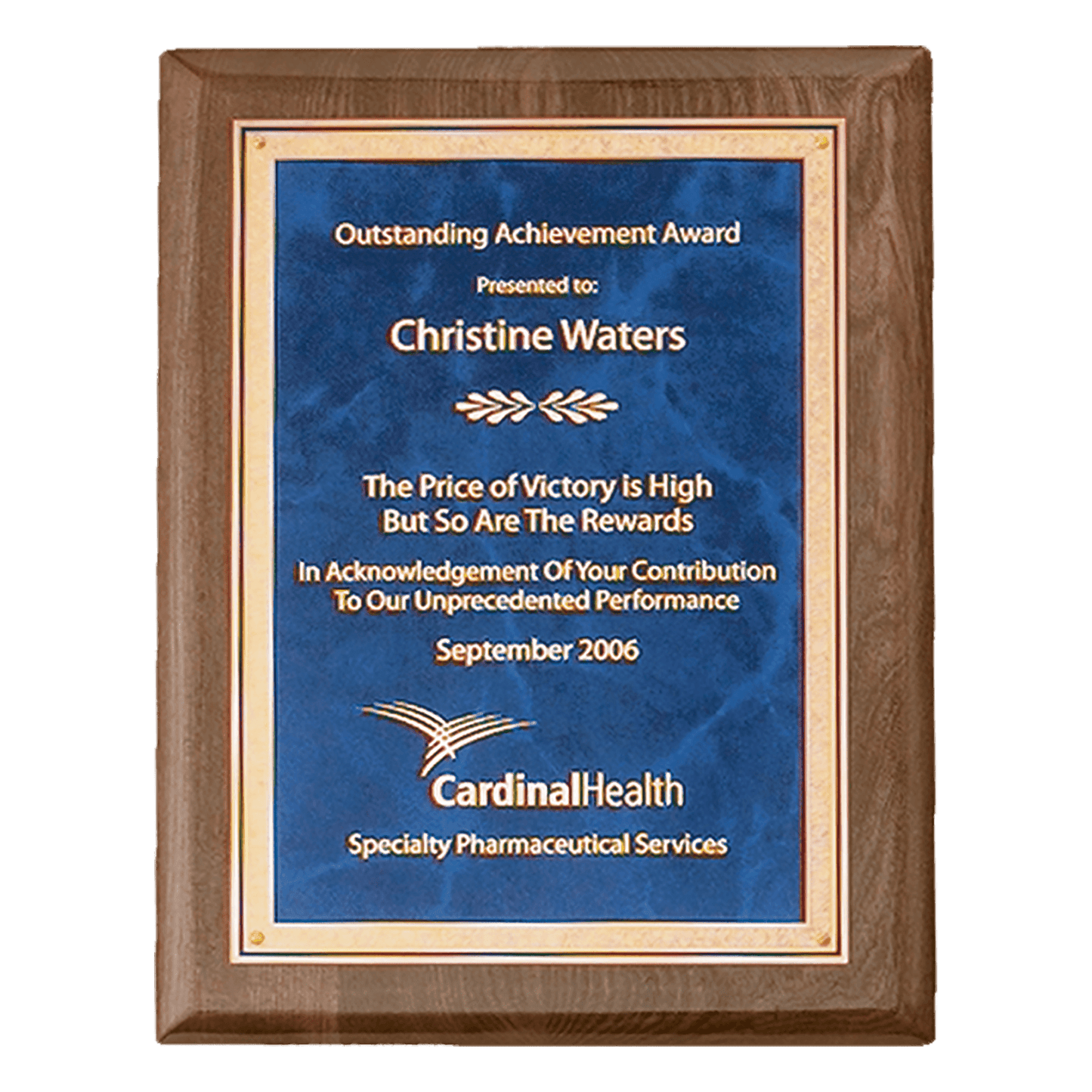 Walnut Piano Finish Plaque with Gold 9" x 12" Airflyte Premium Florentine Border Sapphire Marble LaserFX Plate