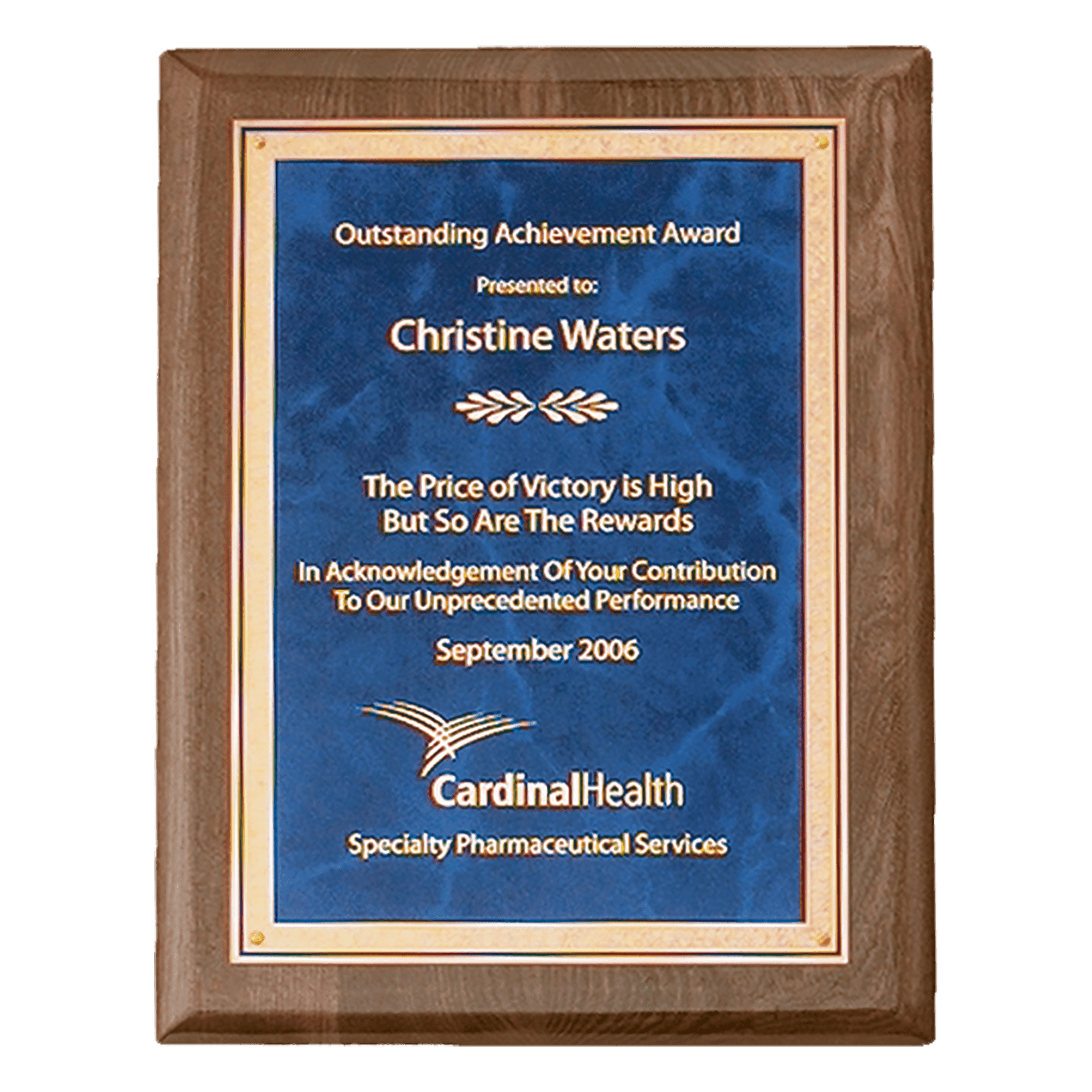 Walnut Piano Finish Plaque with Gold 9" x 12" Airflyte Premium Florentine Border Sapphire Marble LaserFX Plate