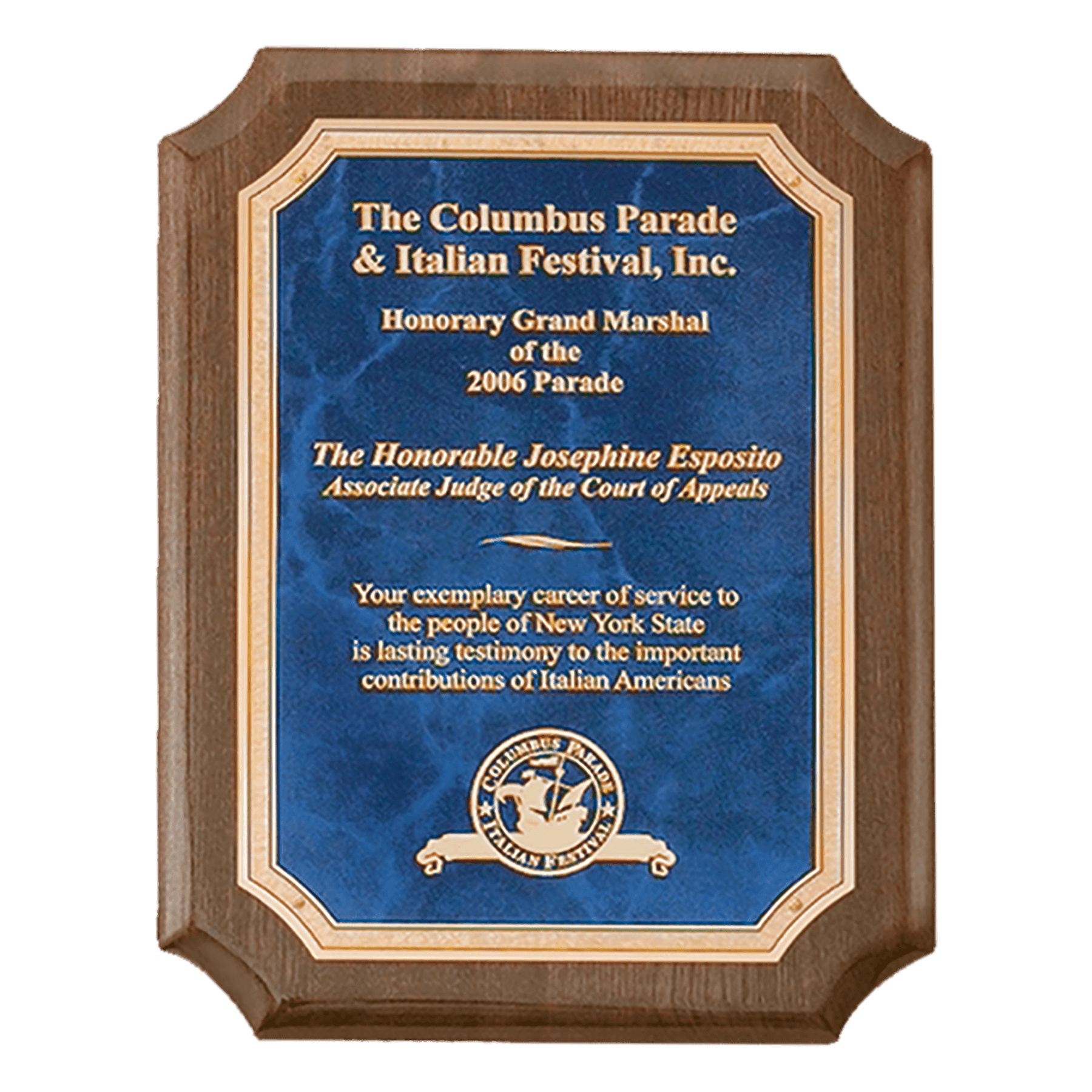 Walnut Piano Finish Plaque with Gold 2 9" x 12" Airflyte Premium Florentine Border Sapphire Marble LaserFX Plate