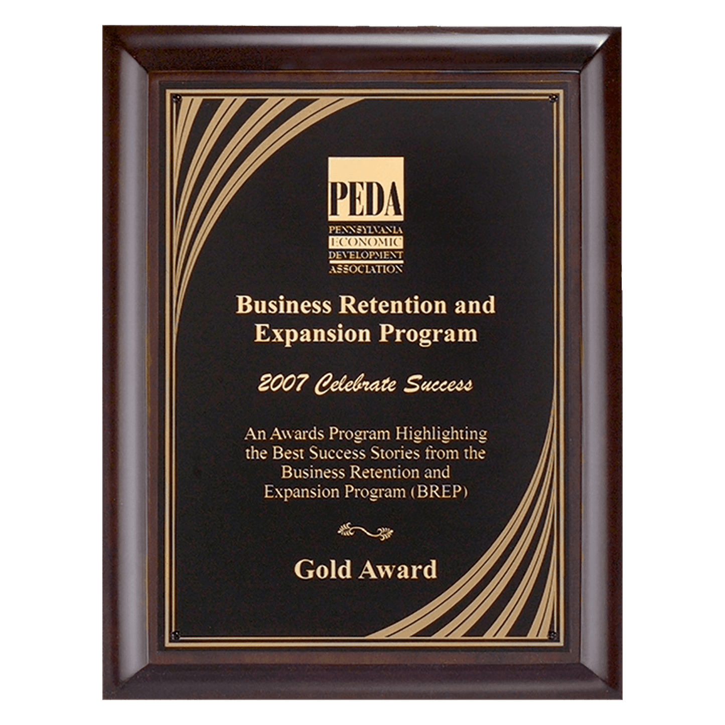 11" x 14" Hand Rubbed Cherry Finish Plaque with Cascading Gold Swirl Design Laserable Black Brass Plate