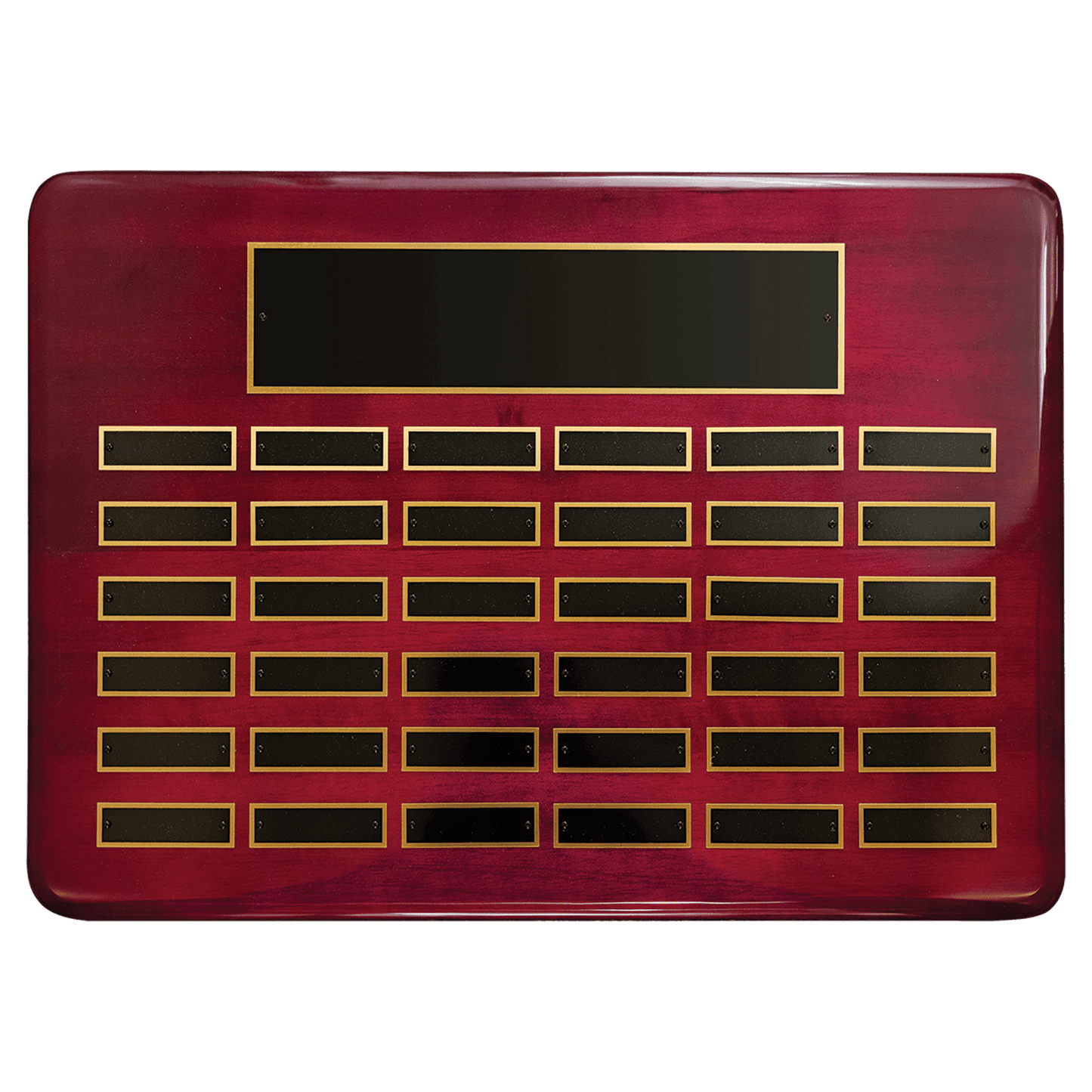 Rosewood Piano Finish 36 Plate Perpetual Plaque with Black Brass 15" x 21"/Plates 7/8" x 2 3/4" Plates