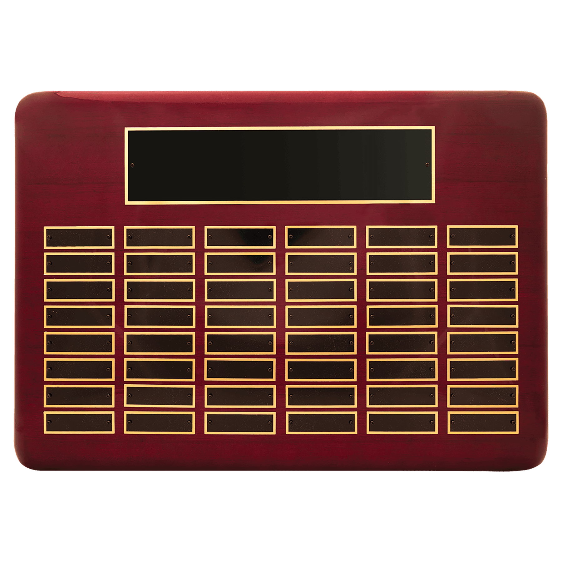 Rosewood Piano Finish 48 Plate Perpetual Plaque with Black Brass 15" x 21"/Plates 7/8" x 2 3/4" Plates