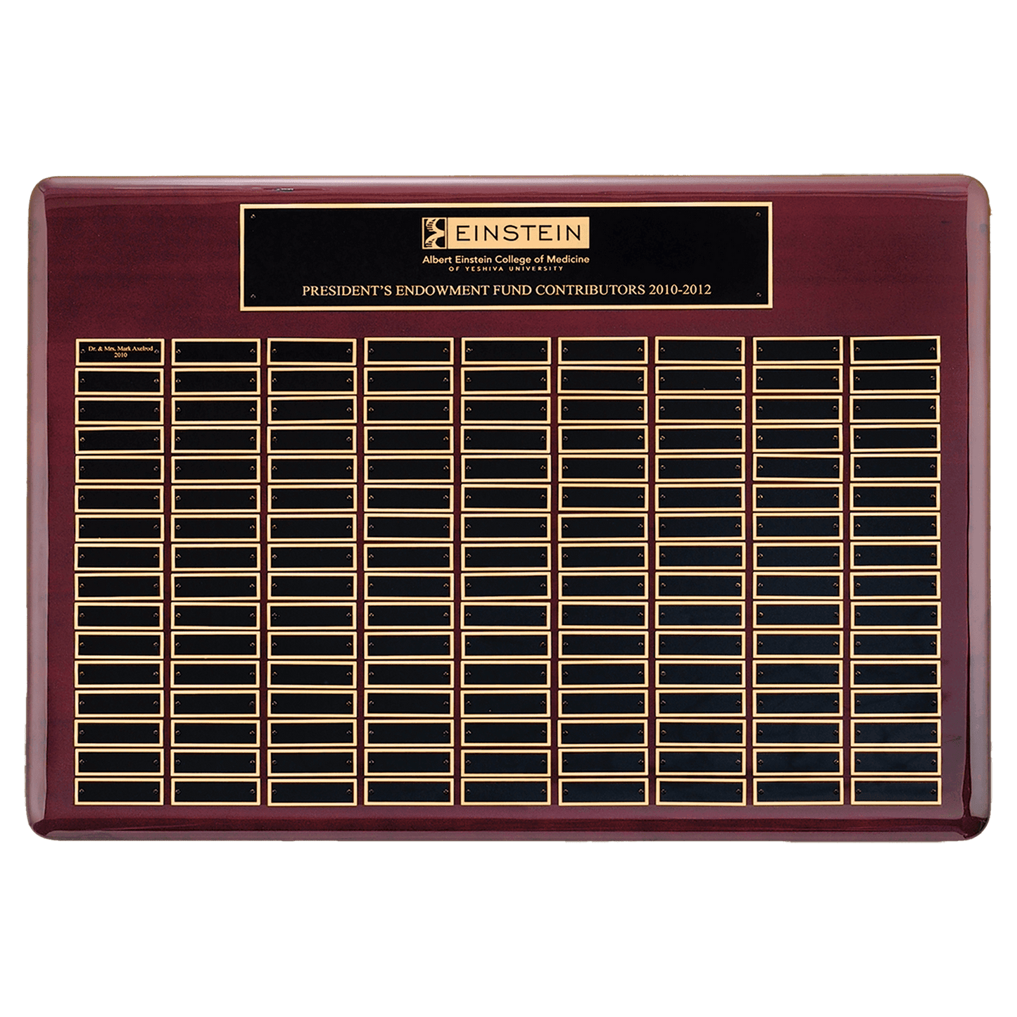 Rosewood Piano Finish 120 Plate Perpetual Plaque with Black Brass 22" x 30"/Plates 7/8" x 2 3/4" Plates