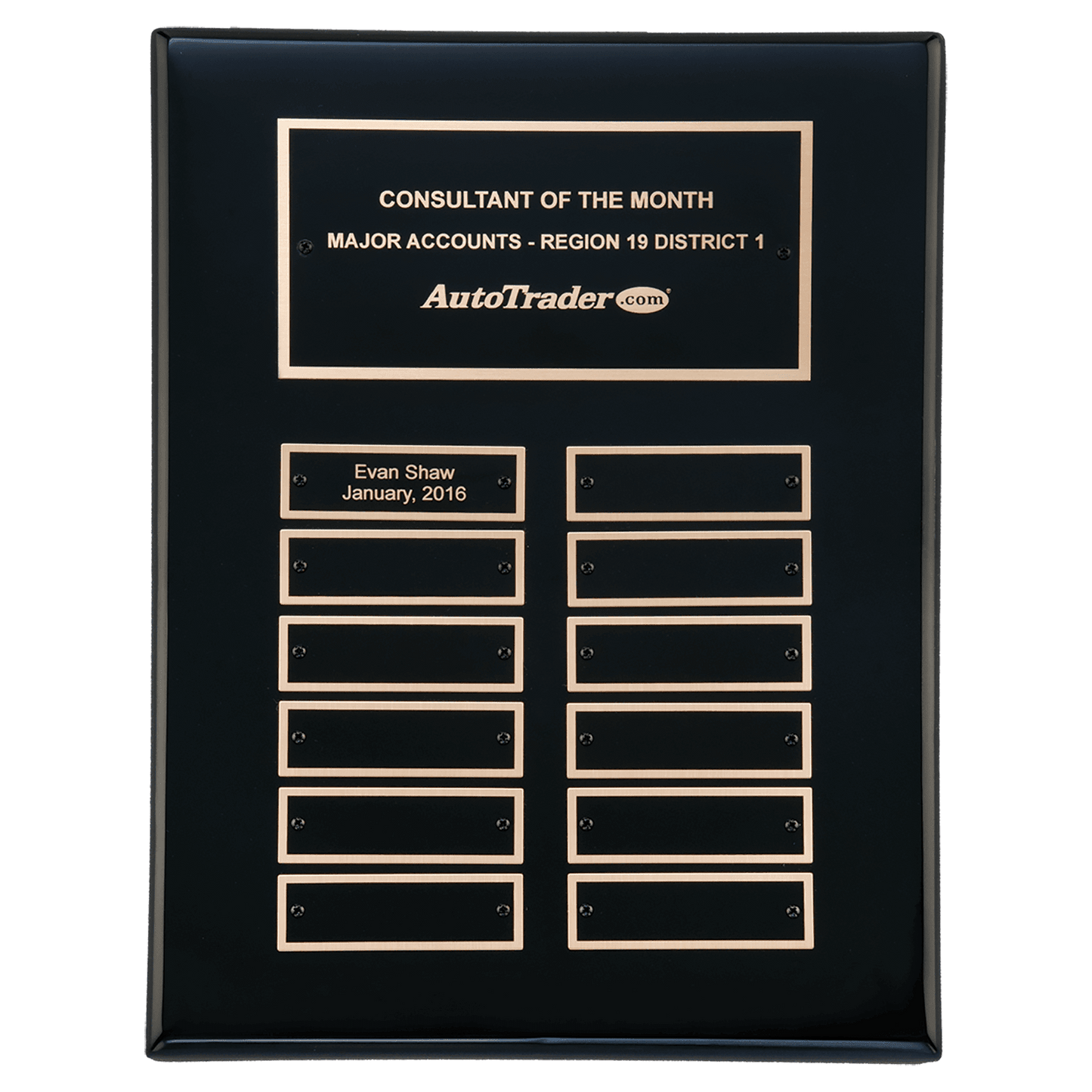 9" x 12" Airflyte Black Piano Finish 12 Plate Perpetual Plaque with Black Brass Plates