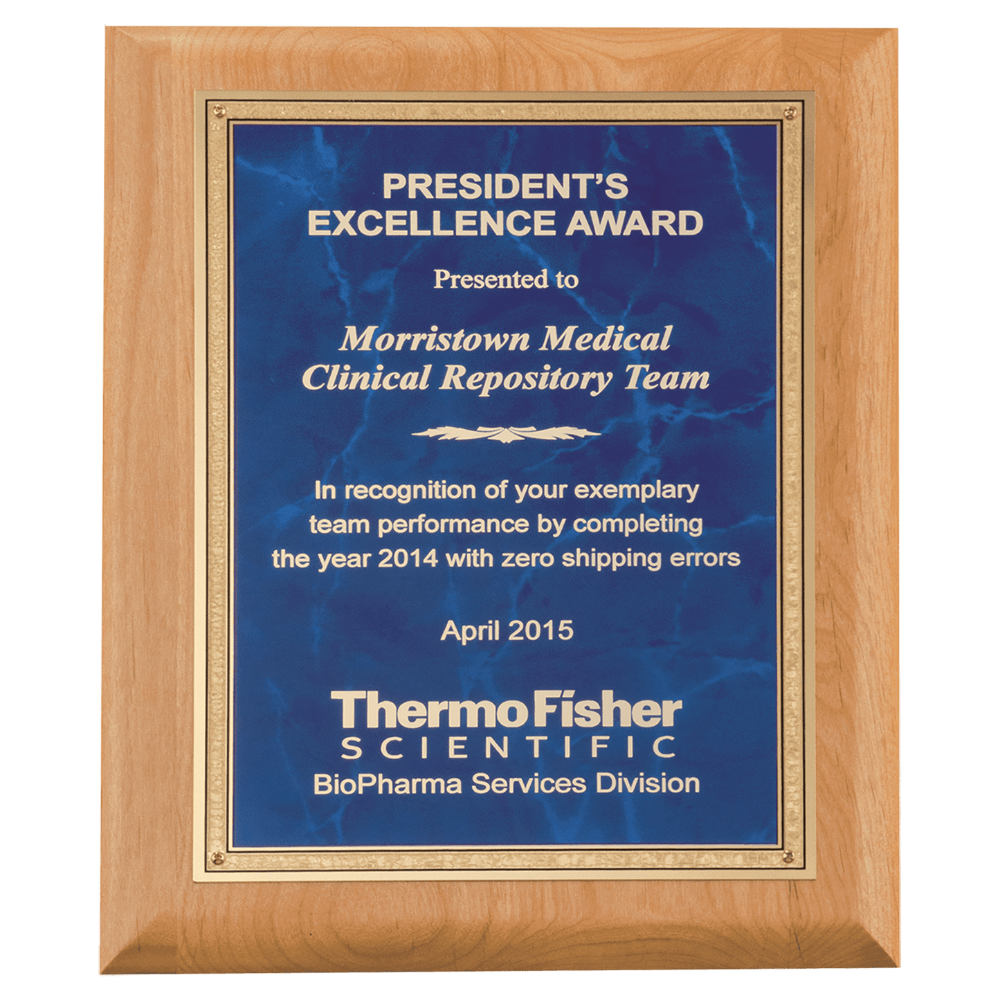 Alder Wood Plaque with Sapphire Marble Gold 8" x 10" Natural Florentine Bordered LaserFX Plate