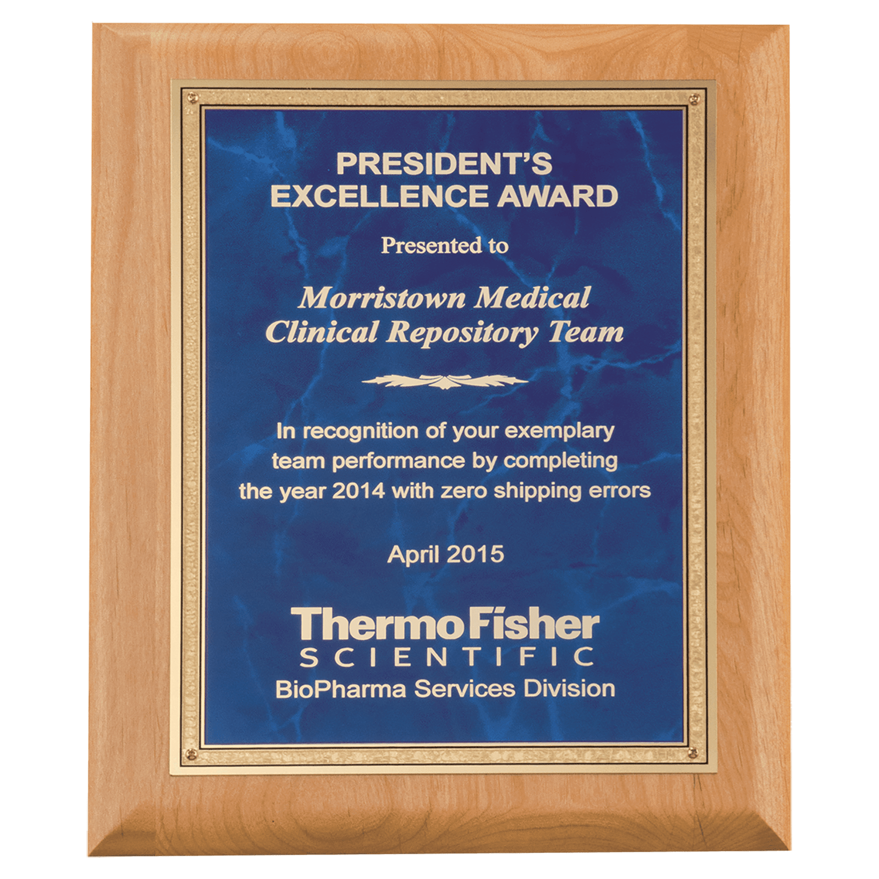 Alder Wood Plaque with Sapphire Marble Gold 9" x 12" Natural Florentine Bordered LaserFX Plate