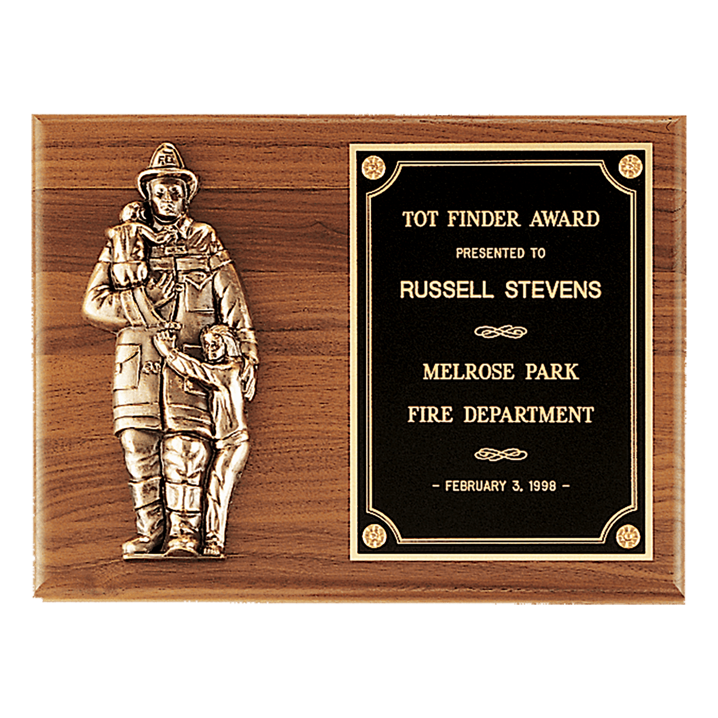 Walnut Plaque with Firefighter Relief and Black Brass 9" x 12" American Plate