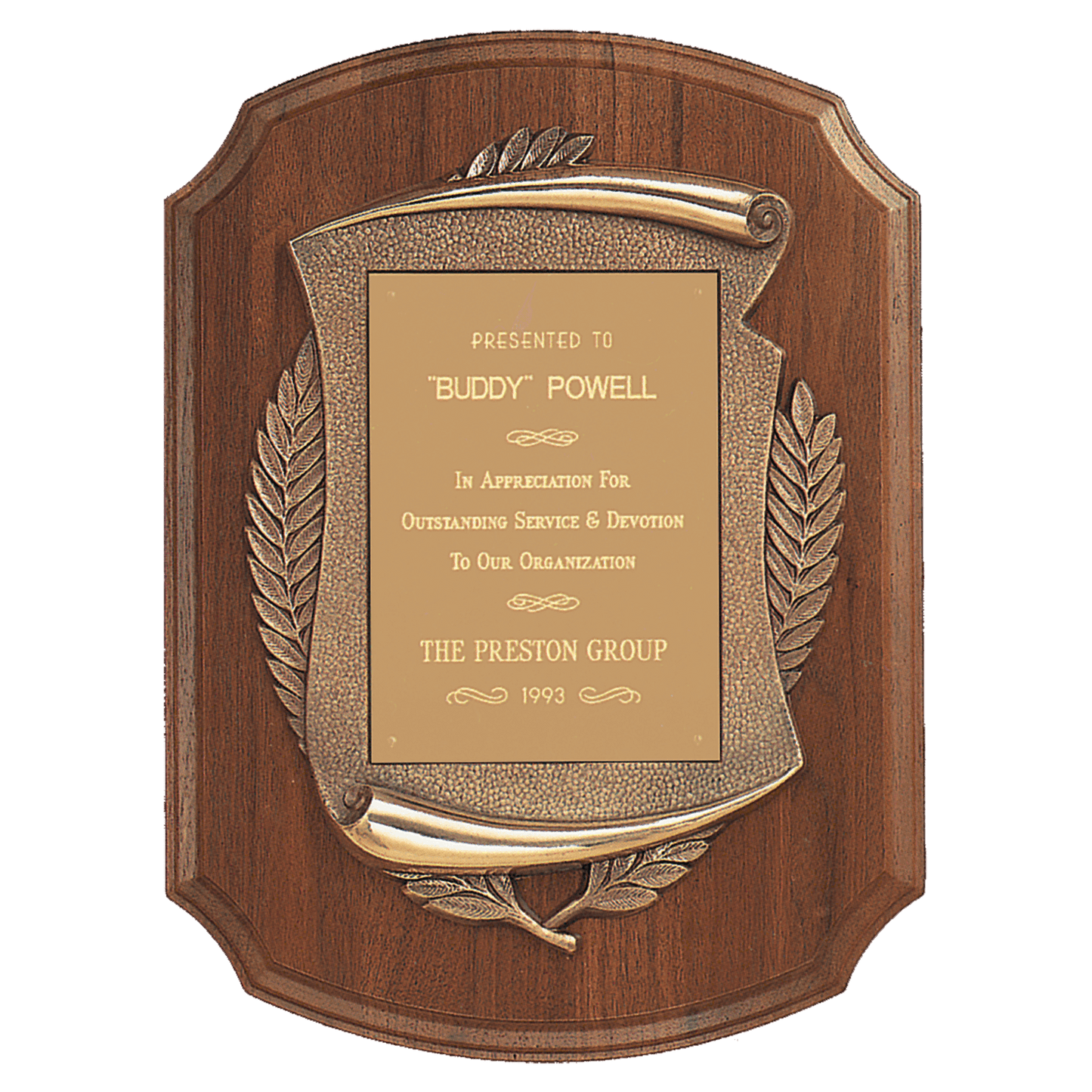 Walnut Notch Corner Plaque w/Antique Bronze Scroll/Brushed Brass 11" x 15" American Plate