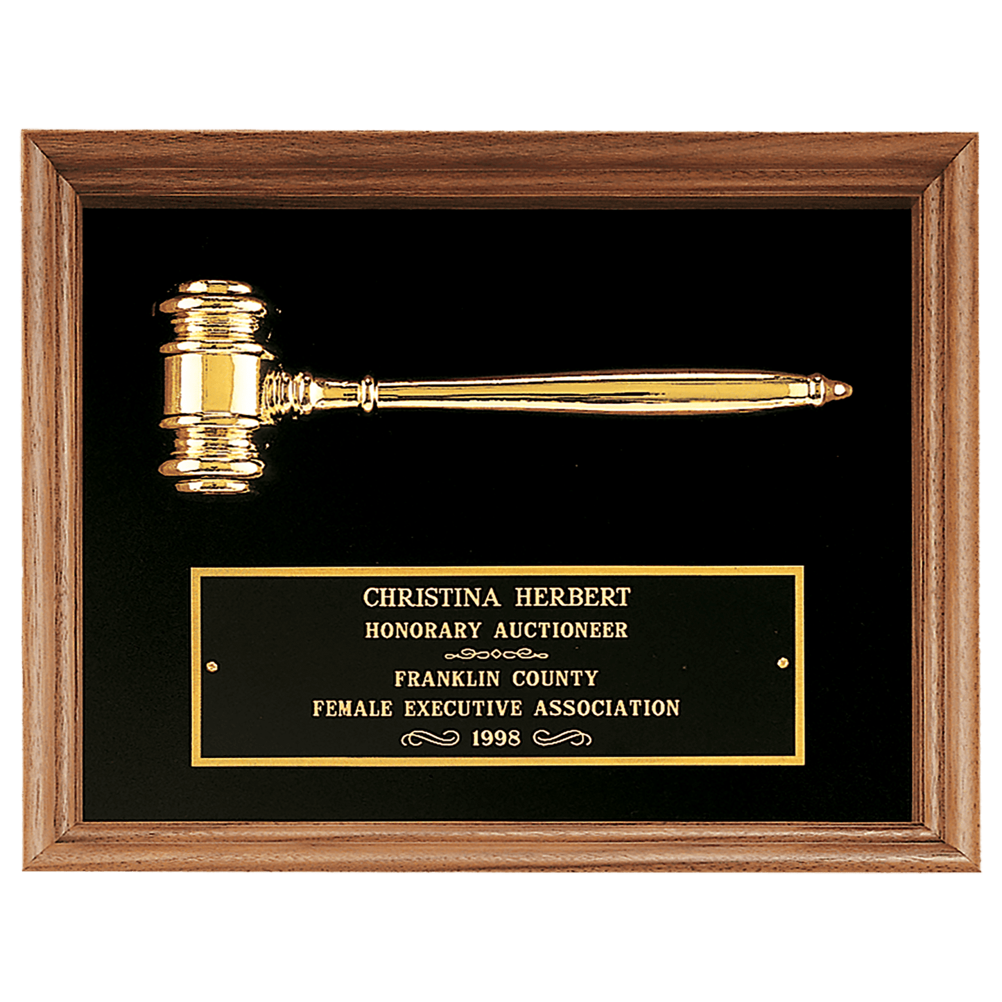 Gold Electrooplated Gavel in a Walnut Frame with Black Velour Background and Black Laserable Brass 10" x 13" plate