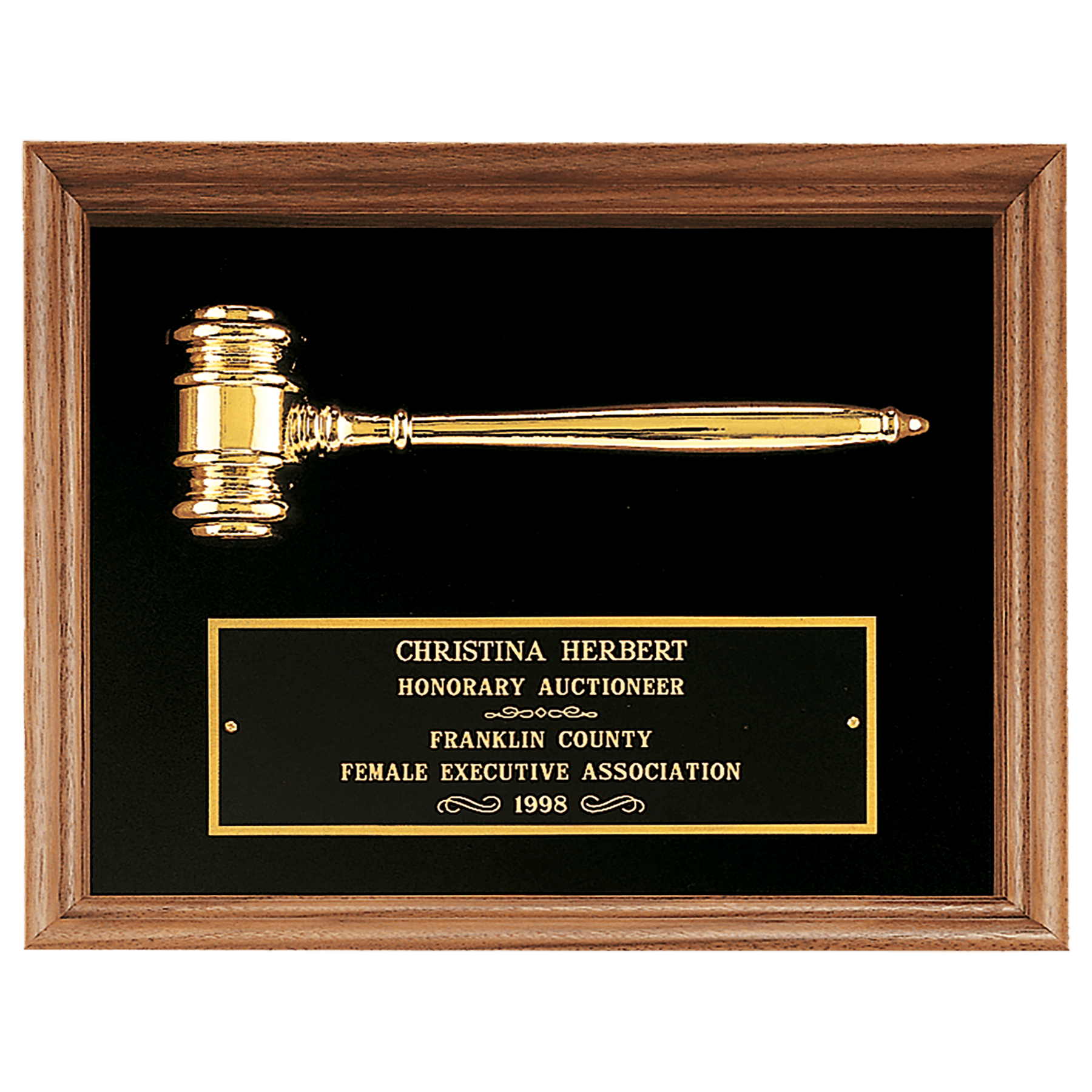 Gold Electrooplated Gavel in a Walnut Frame with Black Velour Background and Black Laserable Brass 10" x 13" plate