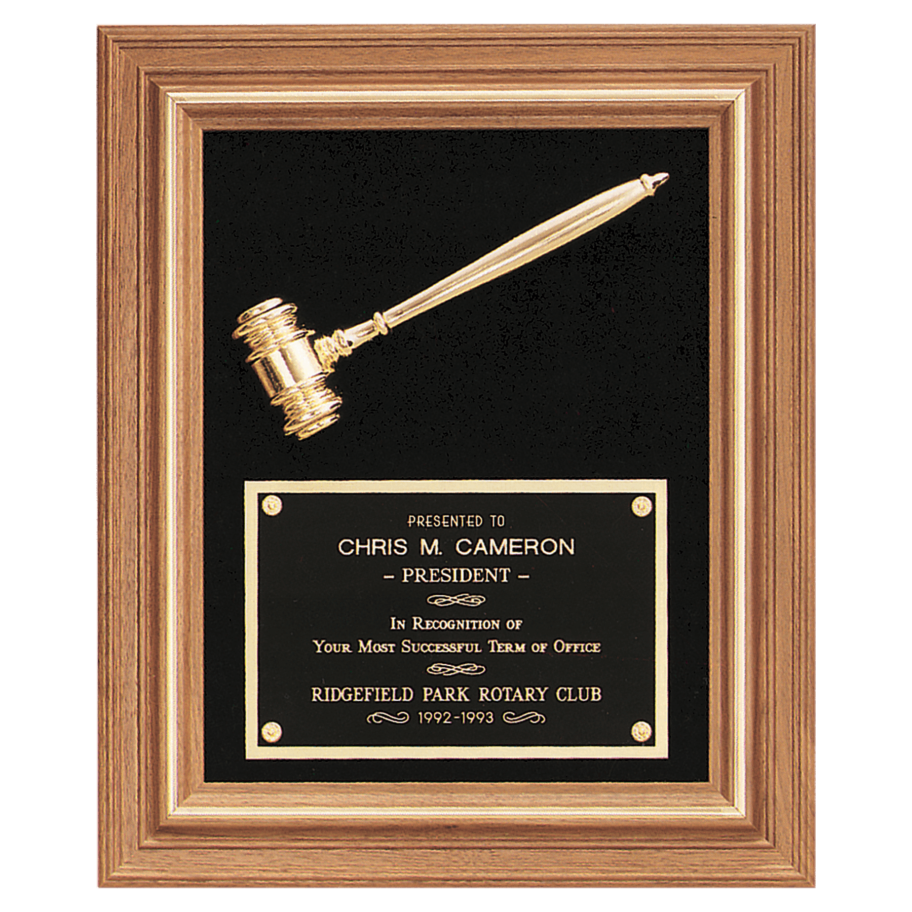 Gold Electroplated Gavel in a Walnut Frame with Black Velour Background and Black Laserable Brass 15" x 18" Plate