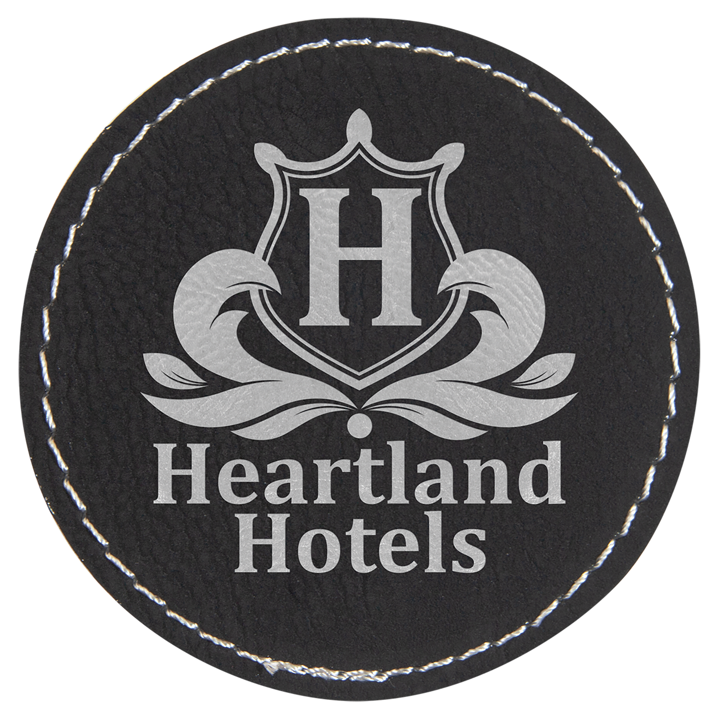 Black/Silver 2 1/2" Round Laserable Leatherette Patch with Adhesive