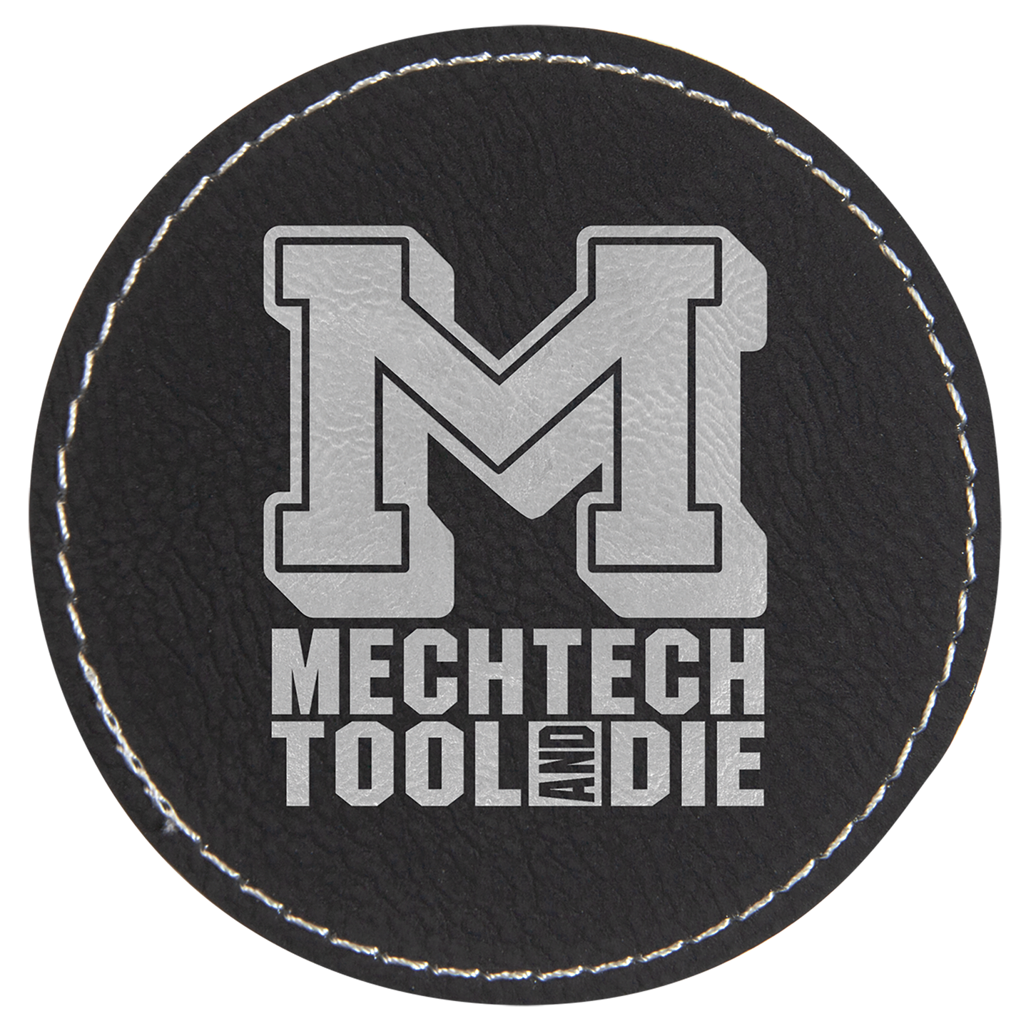 Black/Silver 3" Round Laserable Leatherette Patch with Adhesive