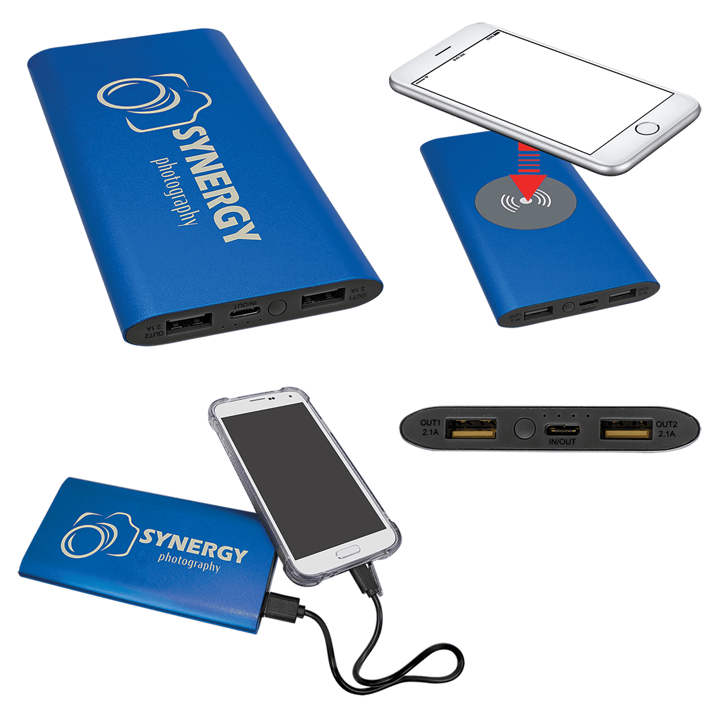 Blue 8000MAH Power Bank & Wireless Anodized Aluminum Charger with USB-C Cord