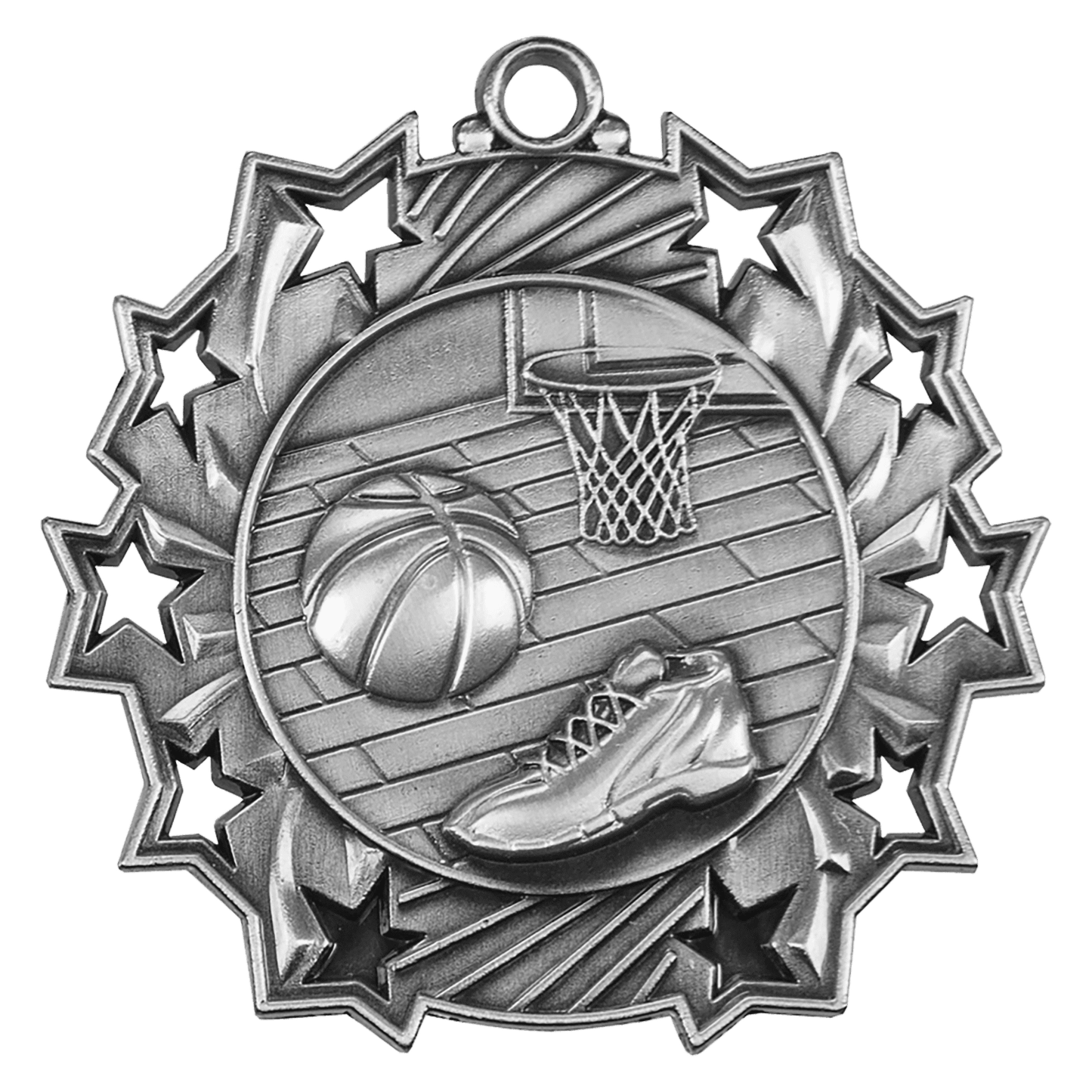 Antique Silver 2 1/4" Basketball Ten Star Medal