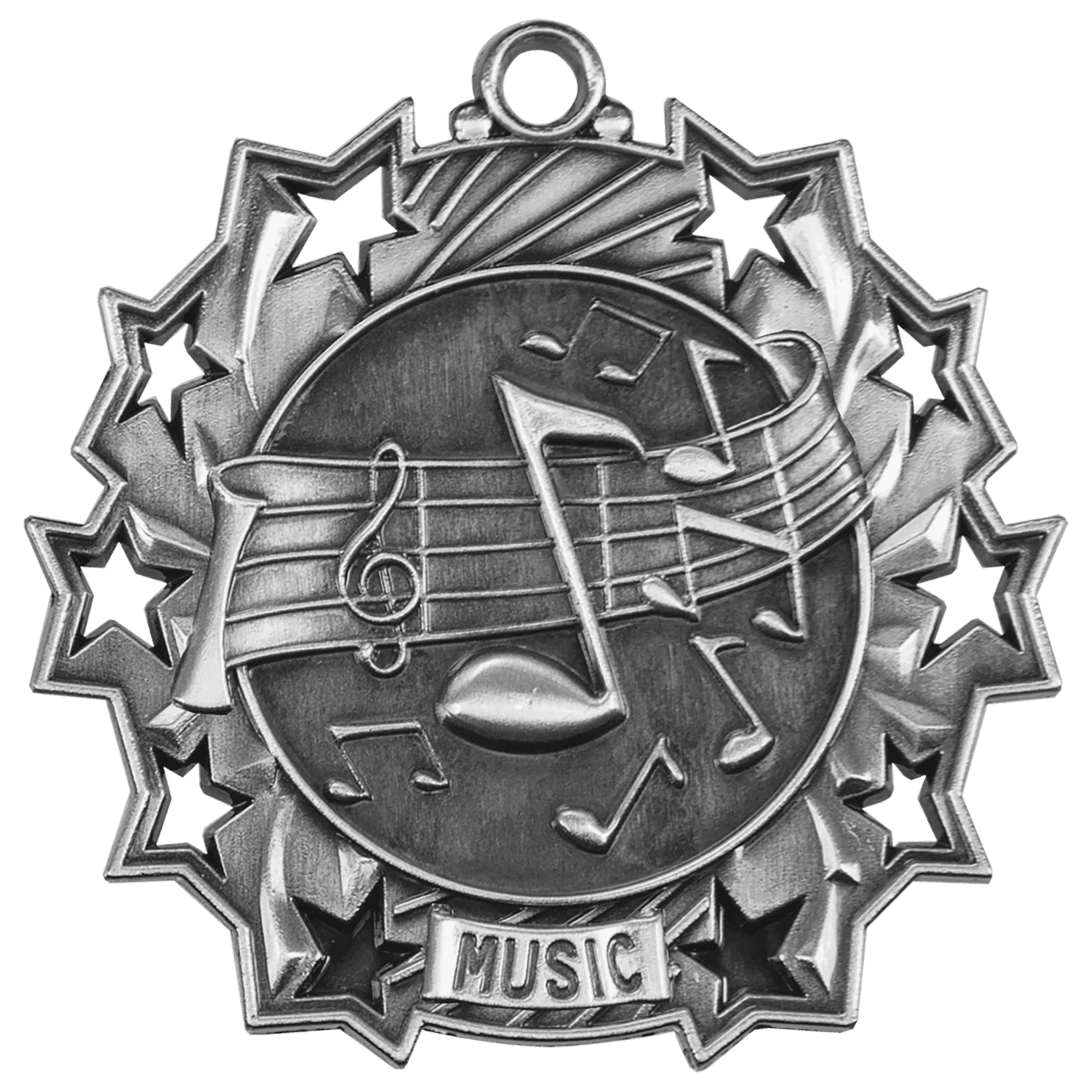 Antique Silver 2 1/4" Music Ten Star Medal