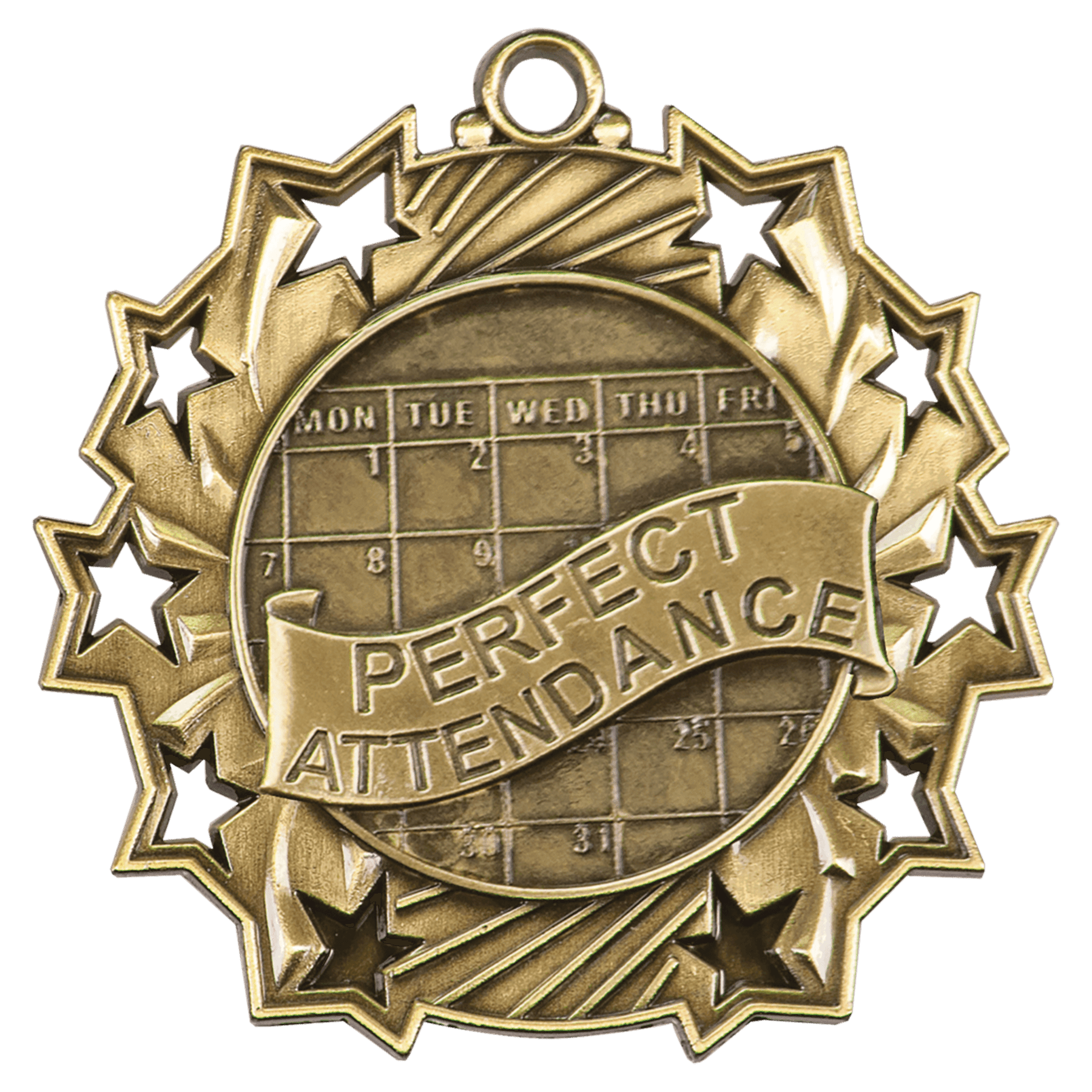 Antique Gold 2 1/4" Perfect Attendance Ten Star Medal