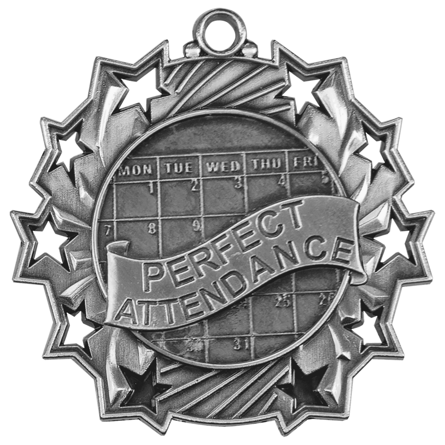 Antique Silver 2 1/4" Perfect Attendance Ten Star Medal