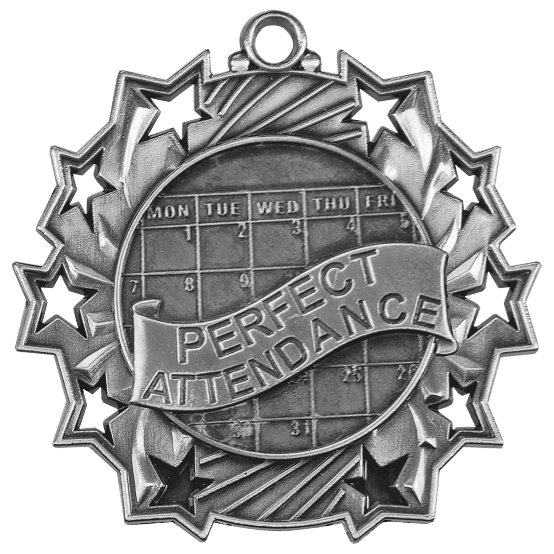 Antique Silver 2 1/4" Perfect Attendance Ten Star Medal