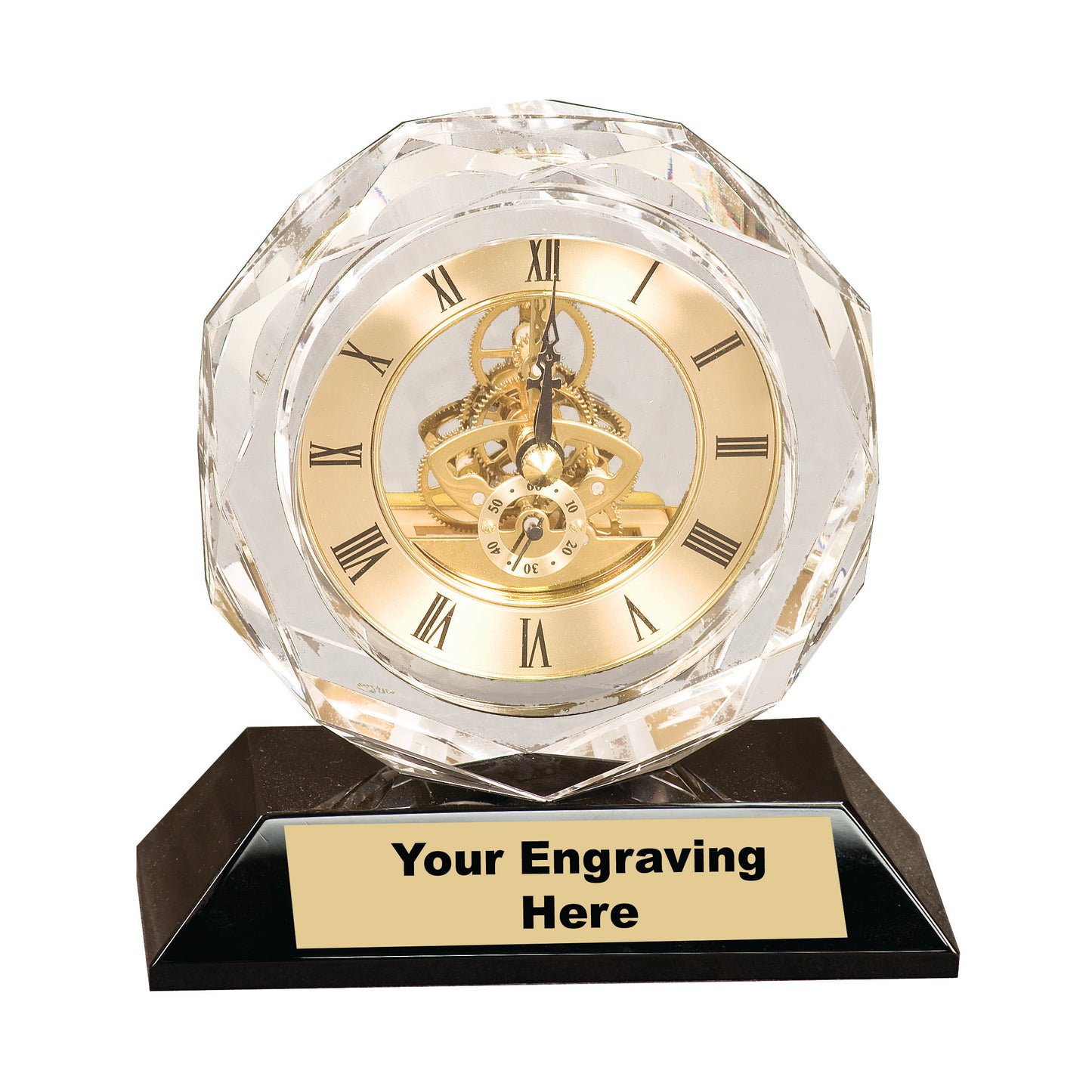 Clear Crystal Clock on Black Pedestal Base