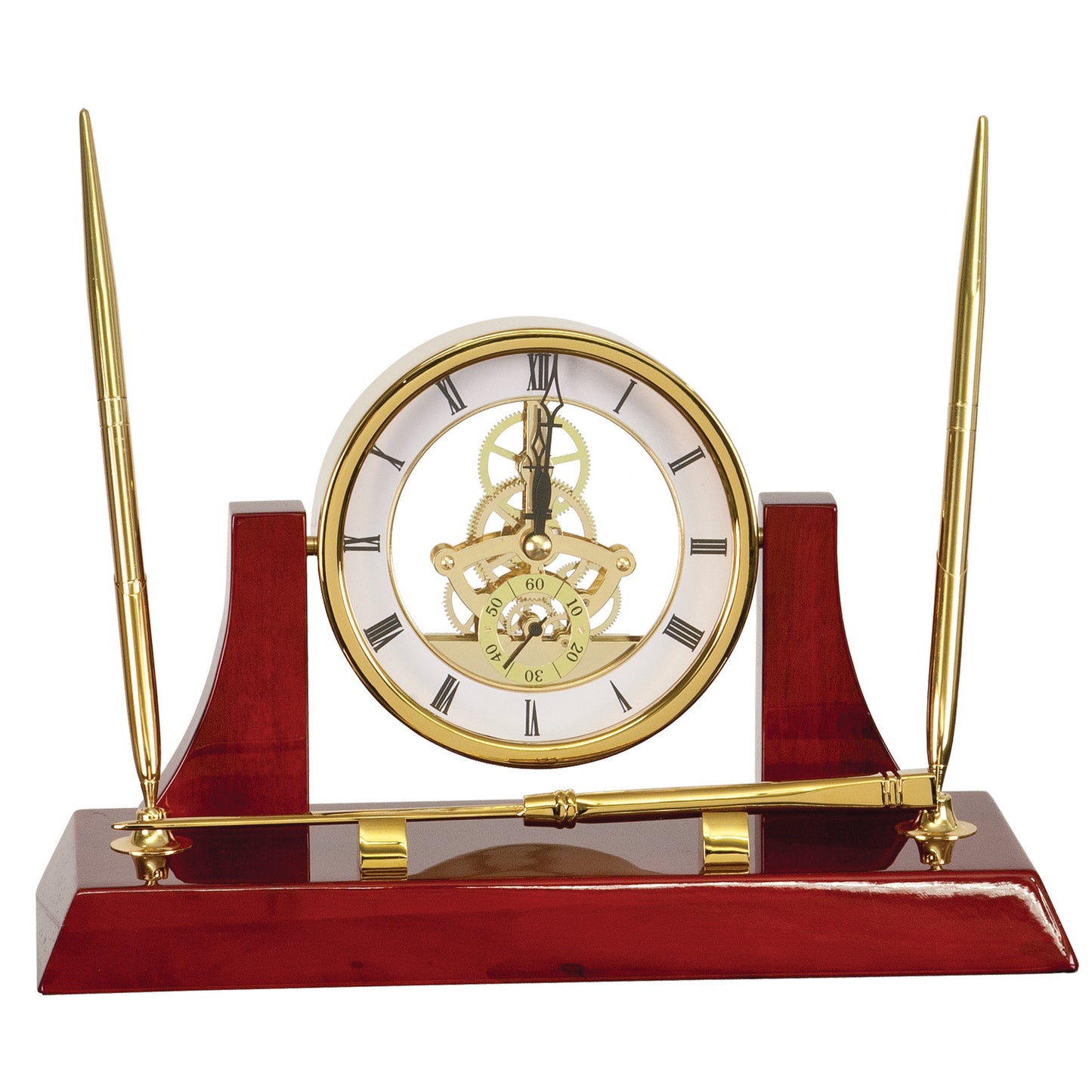 Executive Gold/Rosewood Piano Finish Clock w/2 Pens/Letter Opener - 10 1/2" x 6"